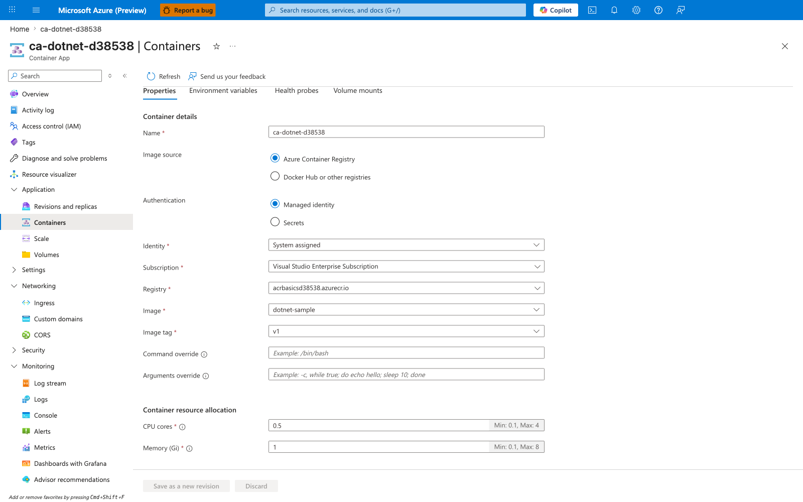 ca-dotnet-d38538 | Container App | Containers | Refresh | Send us your feedback | Container | Properties | Environment variables | Health probes | Volume mounts | Container details | Name | ca-dotnet-d38538 | Image source | Azure Container Registry | Authentication | Managed identity | Subscription | Visual Studio Enterprise Subscription | Registry | acrbasicsd38538.azurecr.io | Image | dotnet-sample | Image tag | v1 | Command override | Arguments override | Application | Revisions and replicas | Containers | Scale | Volumes | Settings | Networking | Ingress | Custom domains | CORS | Security | Monitoring | Log stream | Logs | Console | Alerts | Metrics