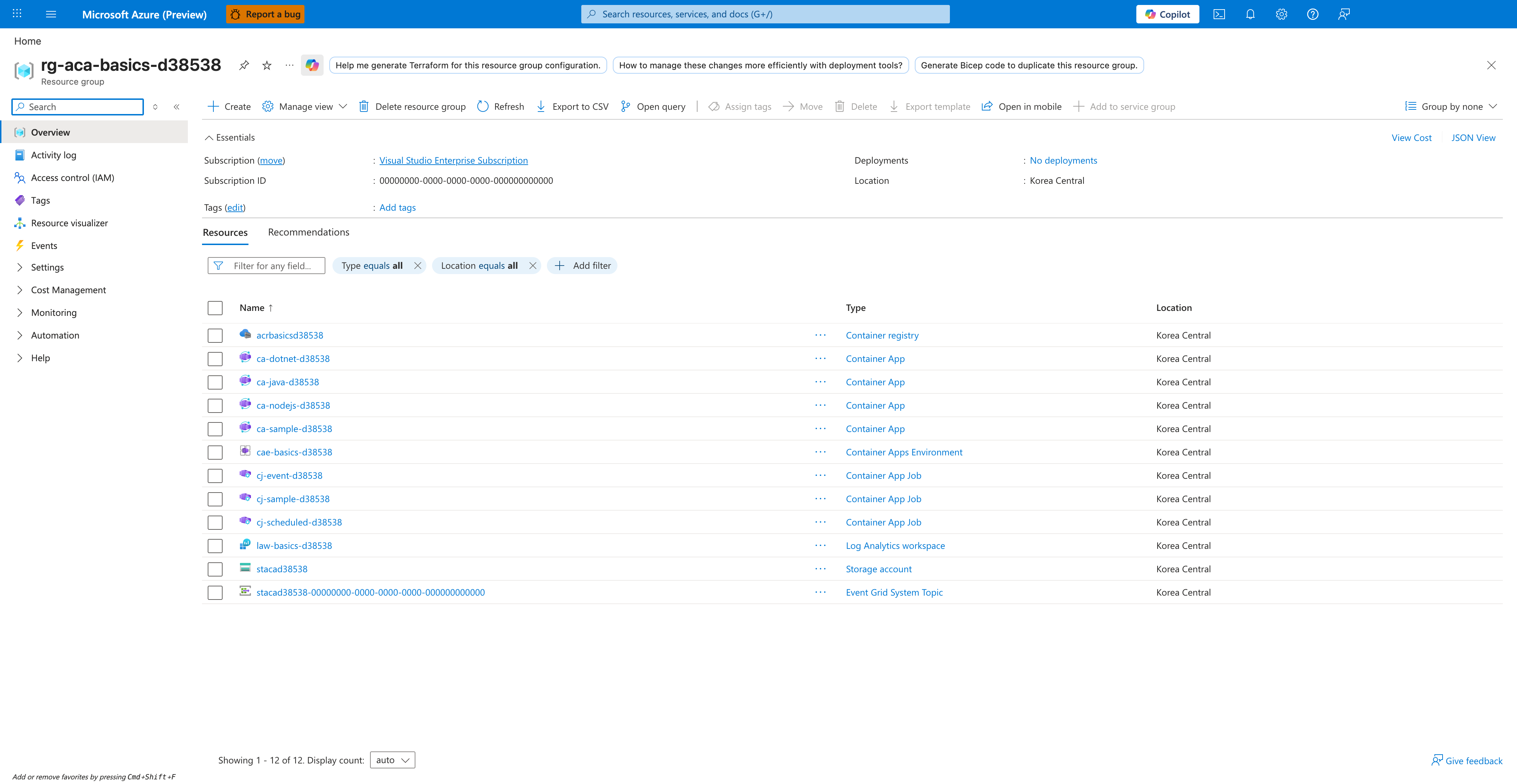 Subscription|Visual Studio Enterprise Subscription|Subscription ID|00000000-0000-0000-0000-000000000000|Location|Korea Central|Showing|1 - 12 of 12