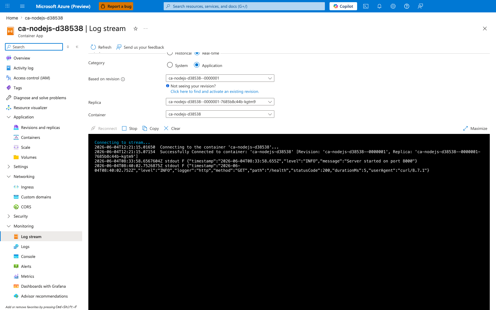 Based on revision|ca-nodejs-d38538--0000001|Replica|ca-nodejs-d38538--0000001-7685b8c44b-kgtm9|Container|ca-nodejs-d38538|Category|Application