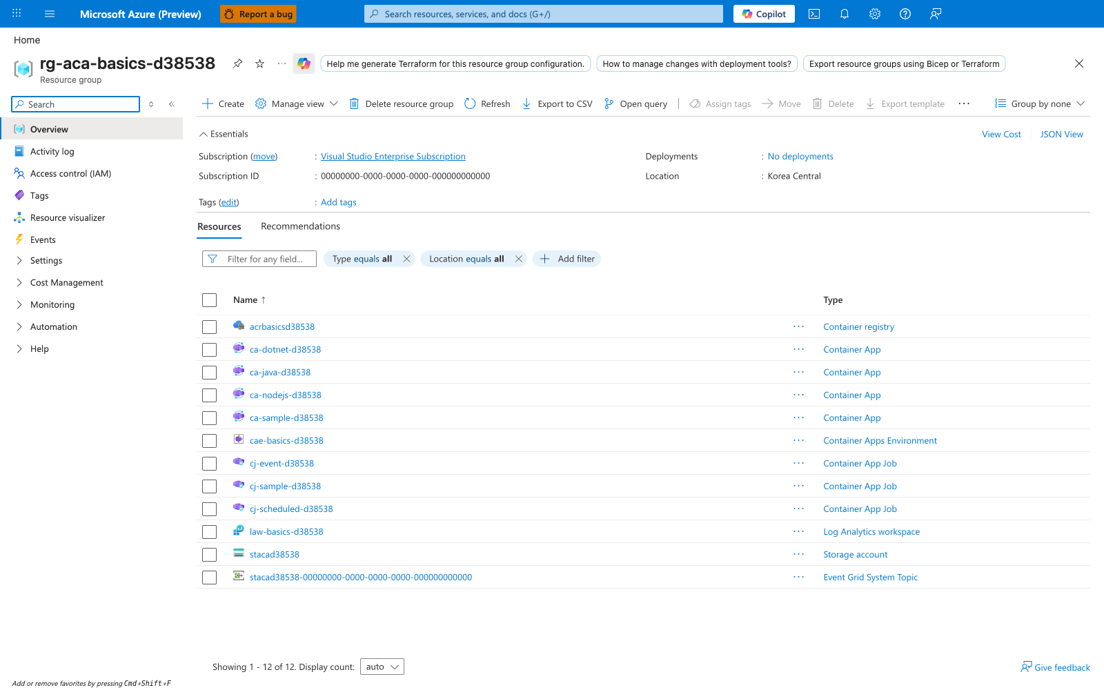 Subscription|Visual Studio Enterprise Subscription|Subscription ID|00000000-0000-0000-0000-000000000000|Location|Korea Central|Deployments|No deployments