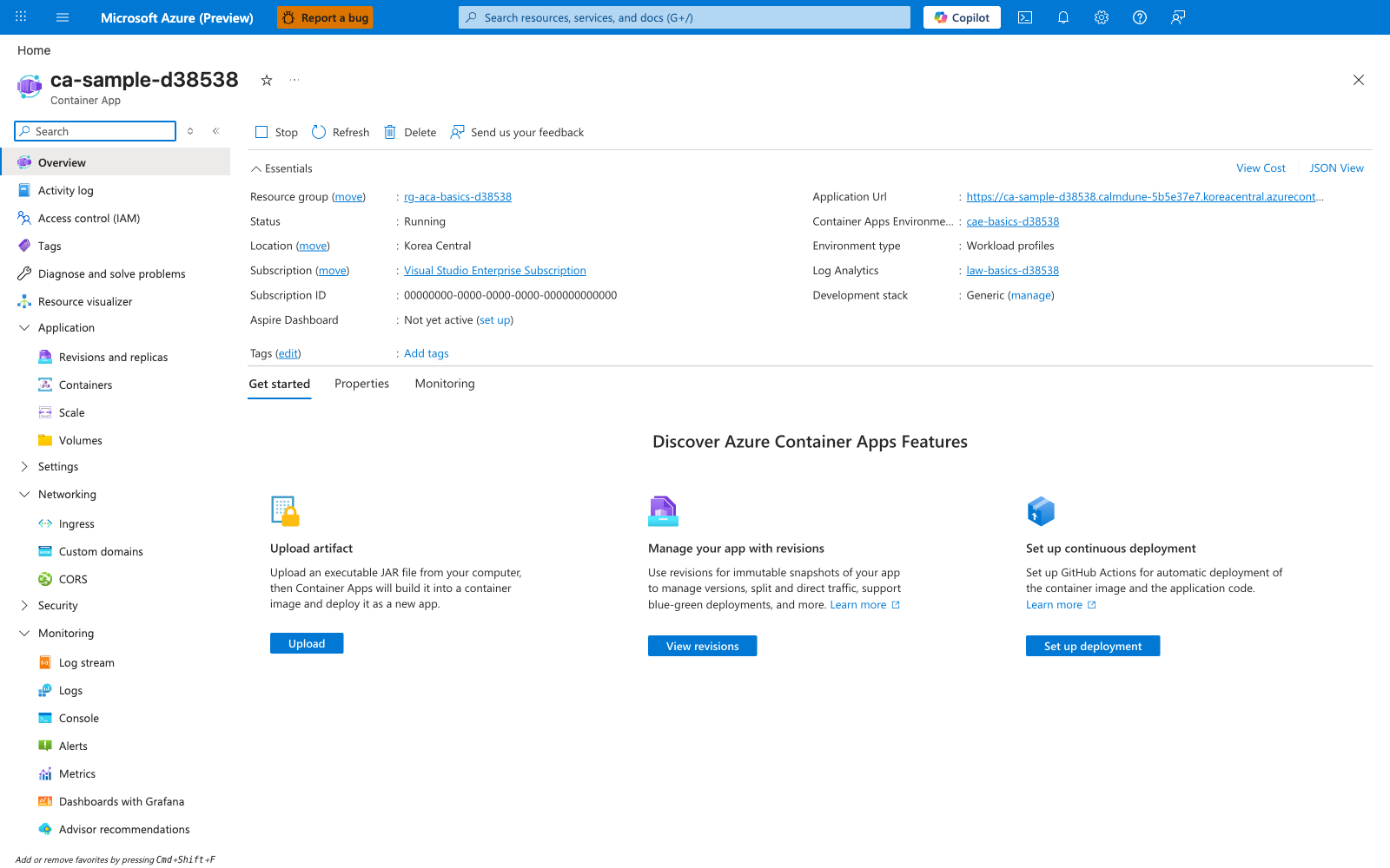 Container App | Overview | Stop Refresh Delete | Essentials | Resource group Status Running Application Url | Container Apps Environment Environment type Workload profiles Log Analytics | Get started Properties Monitoring | left nav Application Networking Settings Monitoring Containers Scale Volumes Ingress Logs