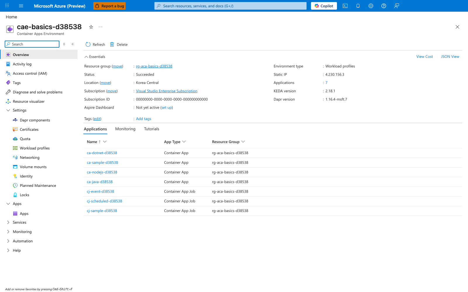 Container Apps environment overview blade for cae-basics-d38538 showing status Succeeded and the applications tab