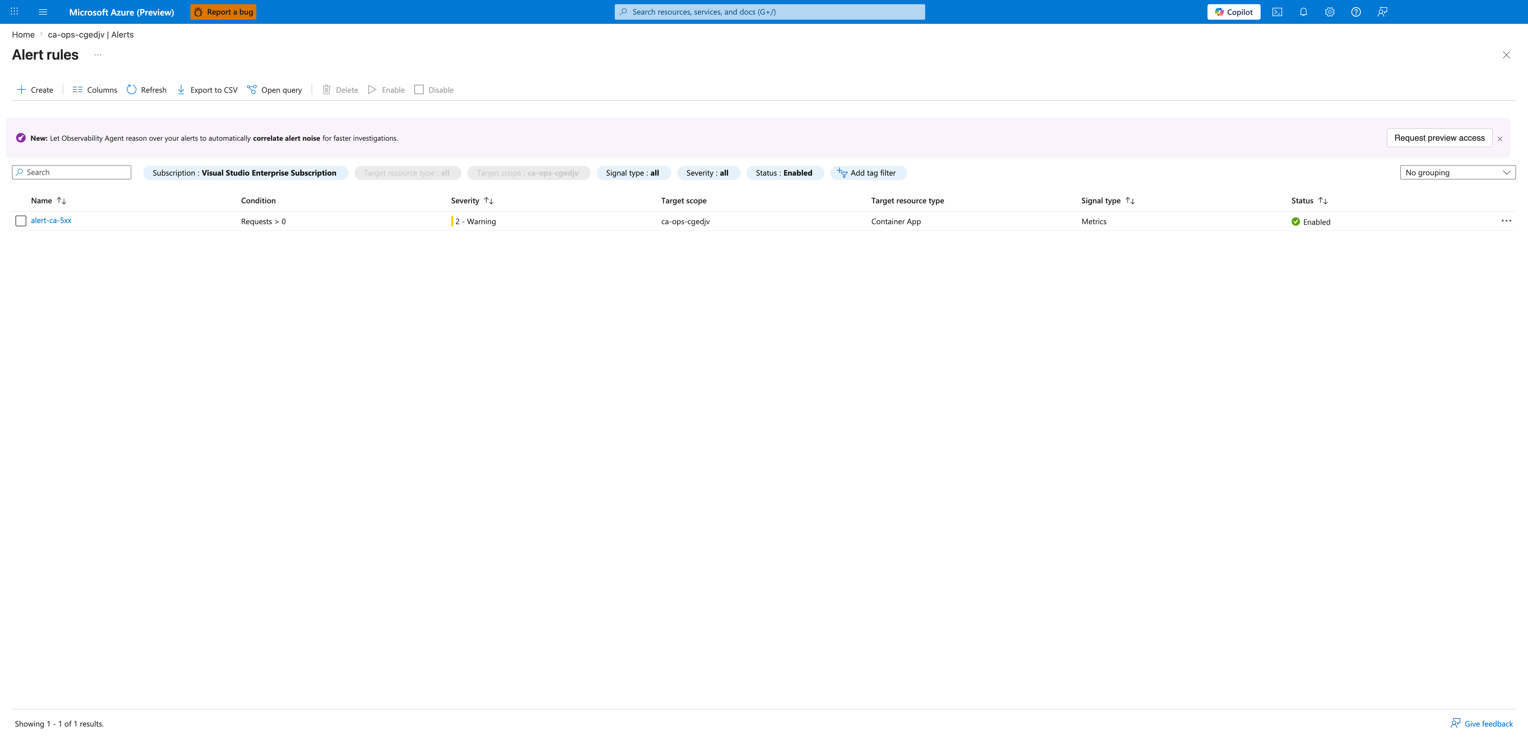 Alert rules blade showing alert-ca-5xx rule with Condition Requests > 0, Severity 2 - Warning, Target scope ca-ops-cgedjv, Target resource type Container App, Signal type Metrics, Status Enabled