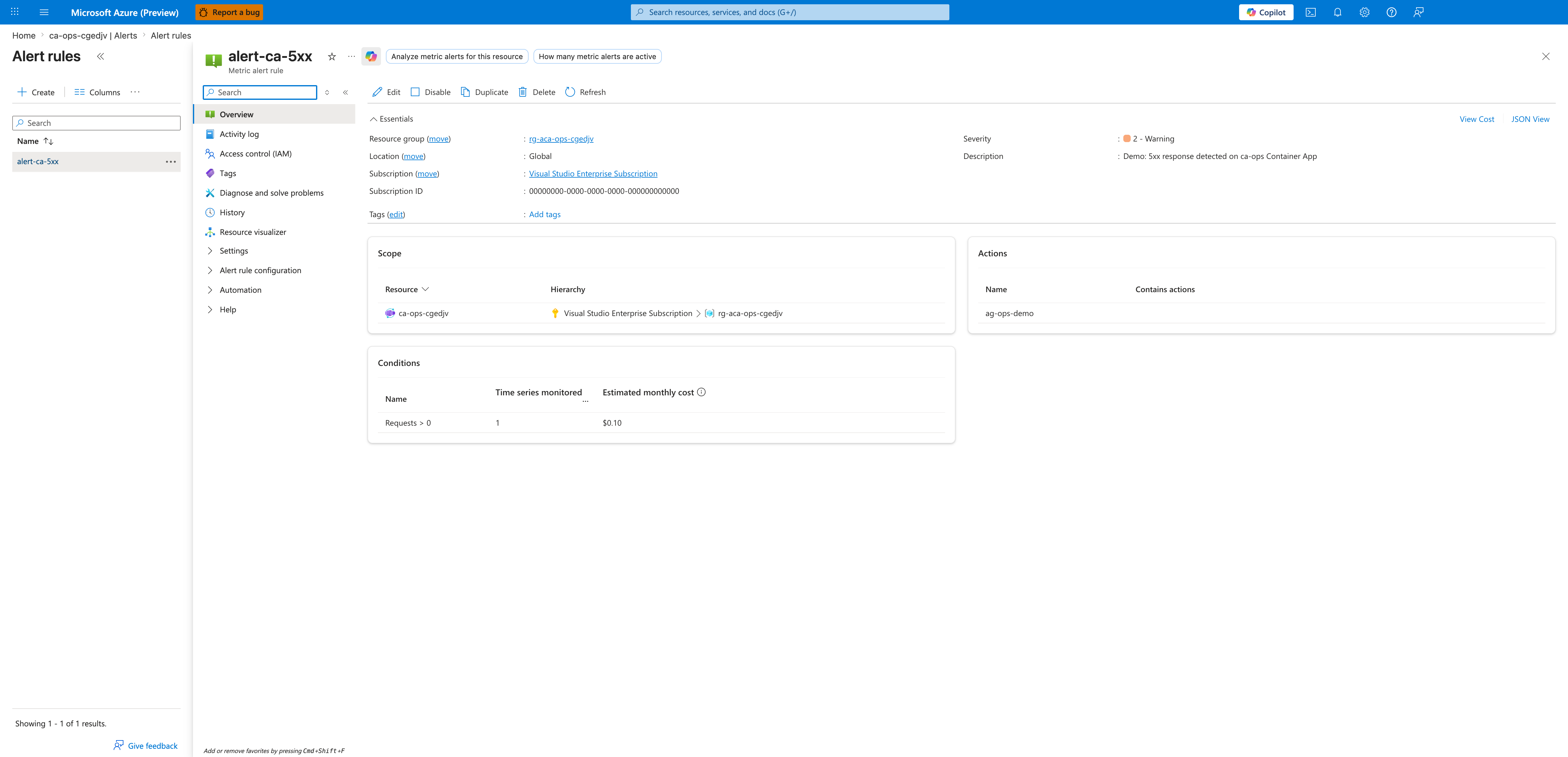 alert-ca-5xx metric alert rule overview showing Resource group rg-aca-ops-cgedjv, Location Global, Severity 2 - Warning, Description Demo 5xx response detected on ca-ops Container App, Scope ca-ops-cgedjv under Visual Studio Enterprise Subscription and rg-aca-ops-cgedjv, Conditions Requests > 0 with 1 time series monitored at estimated cost 0.10 dollars per month, Actions ag-ops-demo