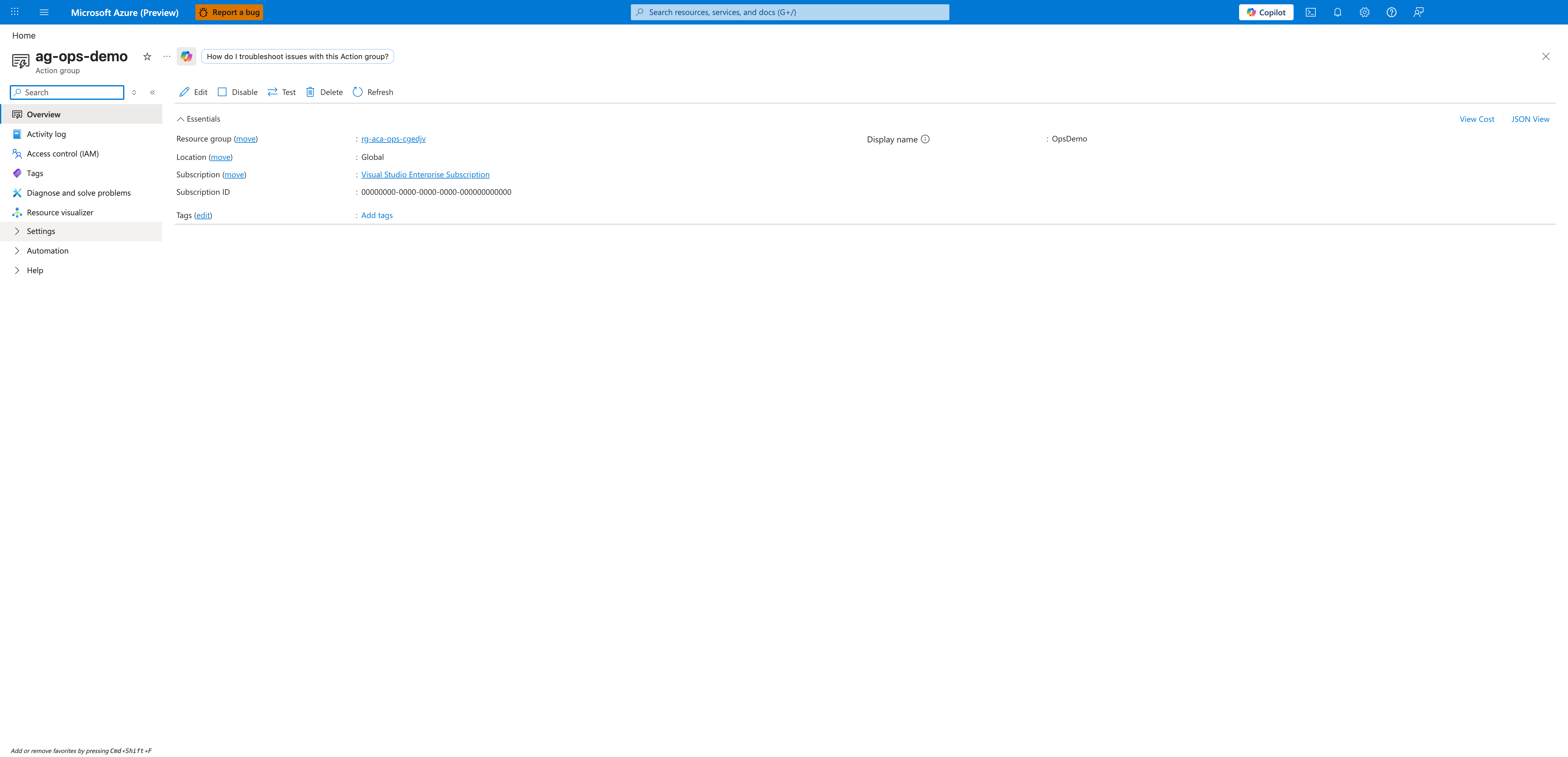 ag-ops-demo Action group overview showing Resource group rg-aca-ops-cgedjv, Location Global, Subscription Visual Studio Enterprise Subscription, Subscription ID zero GUID, Display name OpsDemo