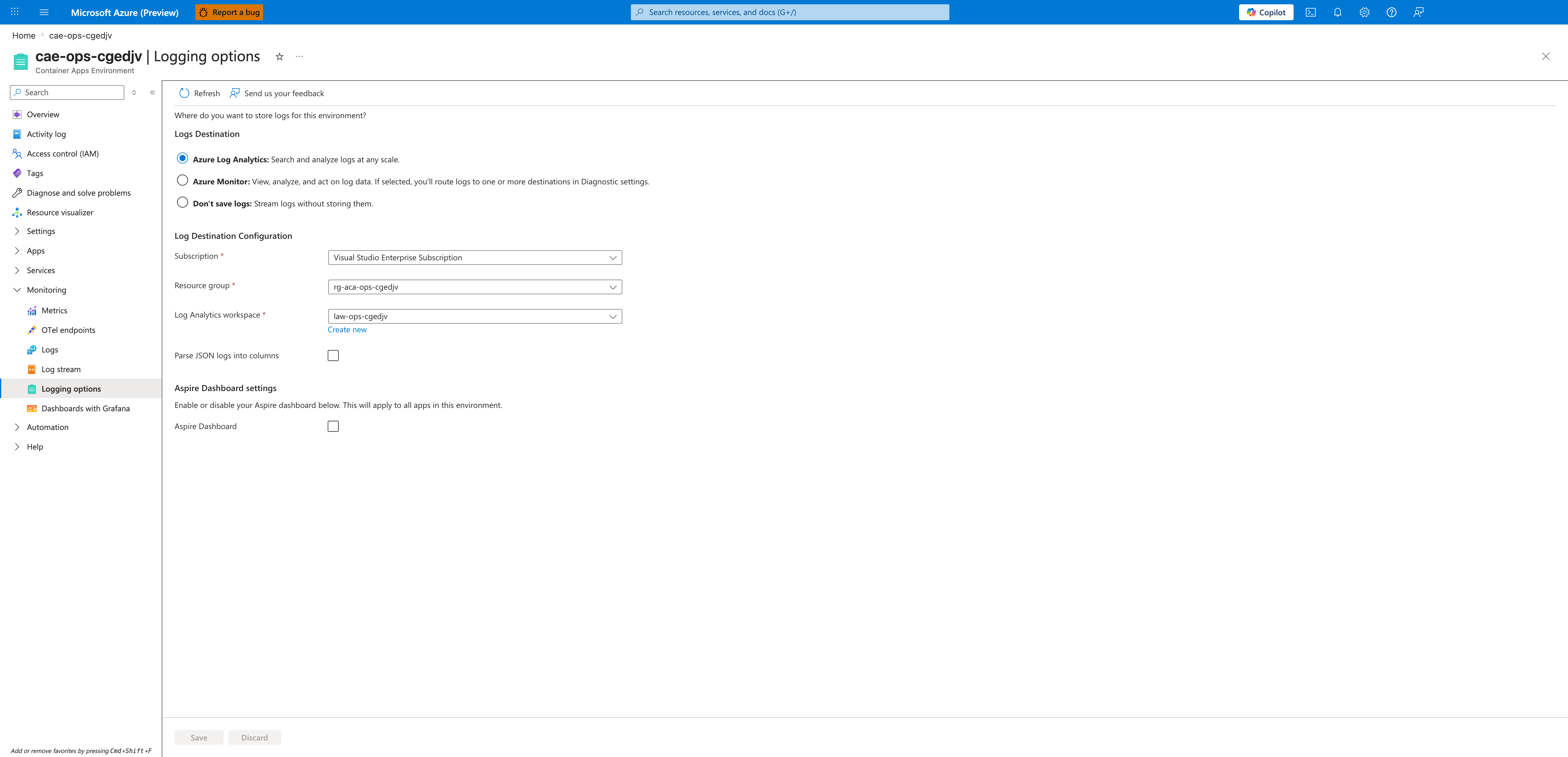 Logging options blade showing Azure Log Analytics selected with workspace law-ops-cgedjv