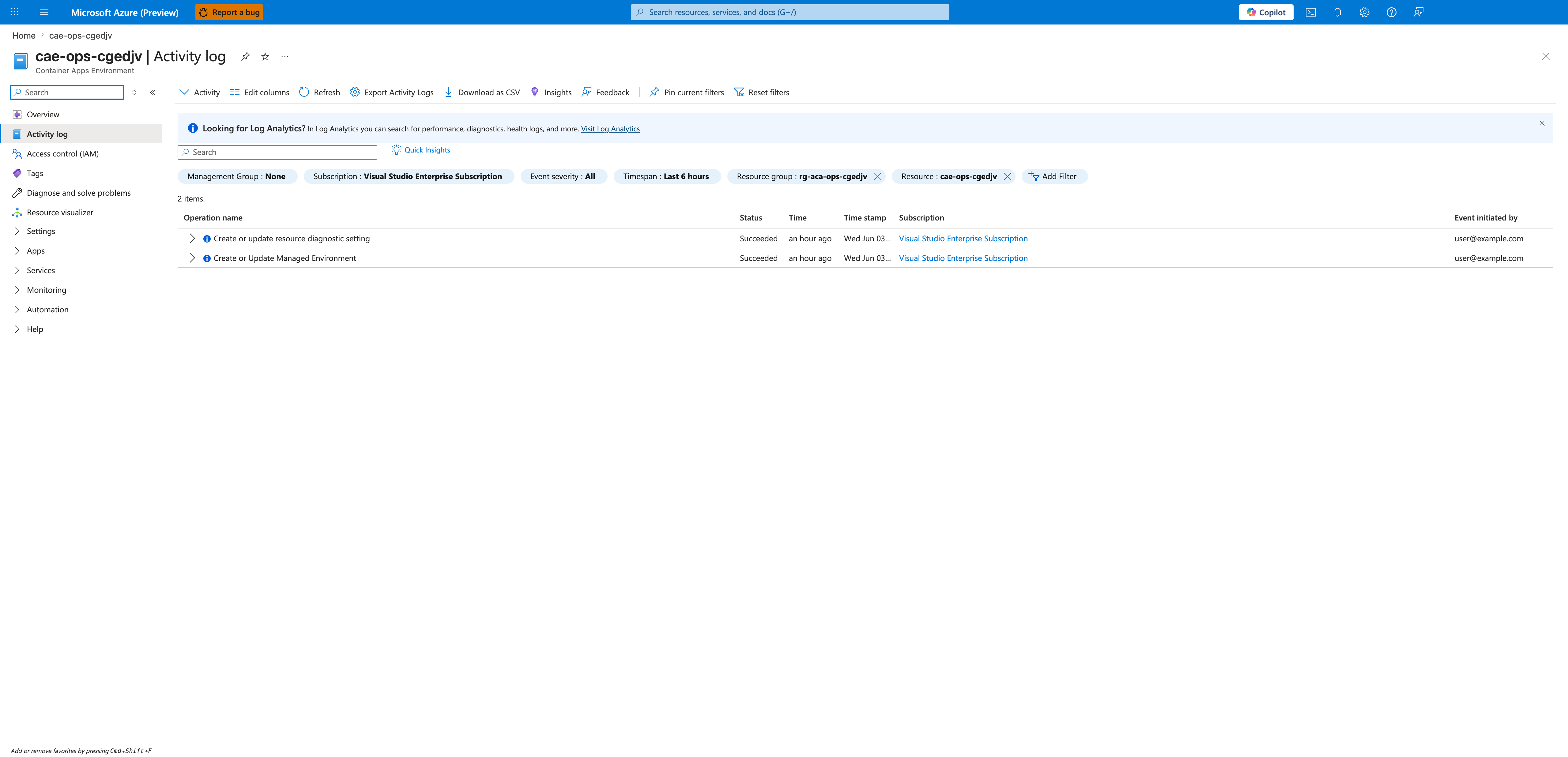 Activity log blade with rows Create or update resource diagnostic setting and Create or Update Managed Environment, both Succeeded