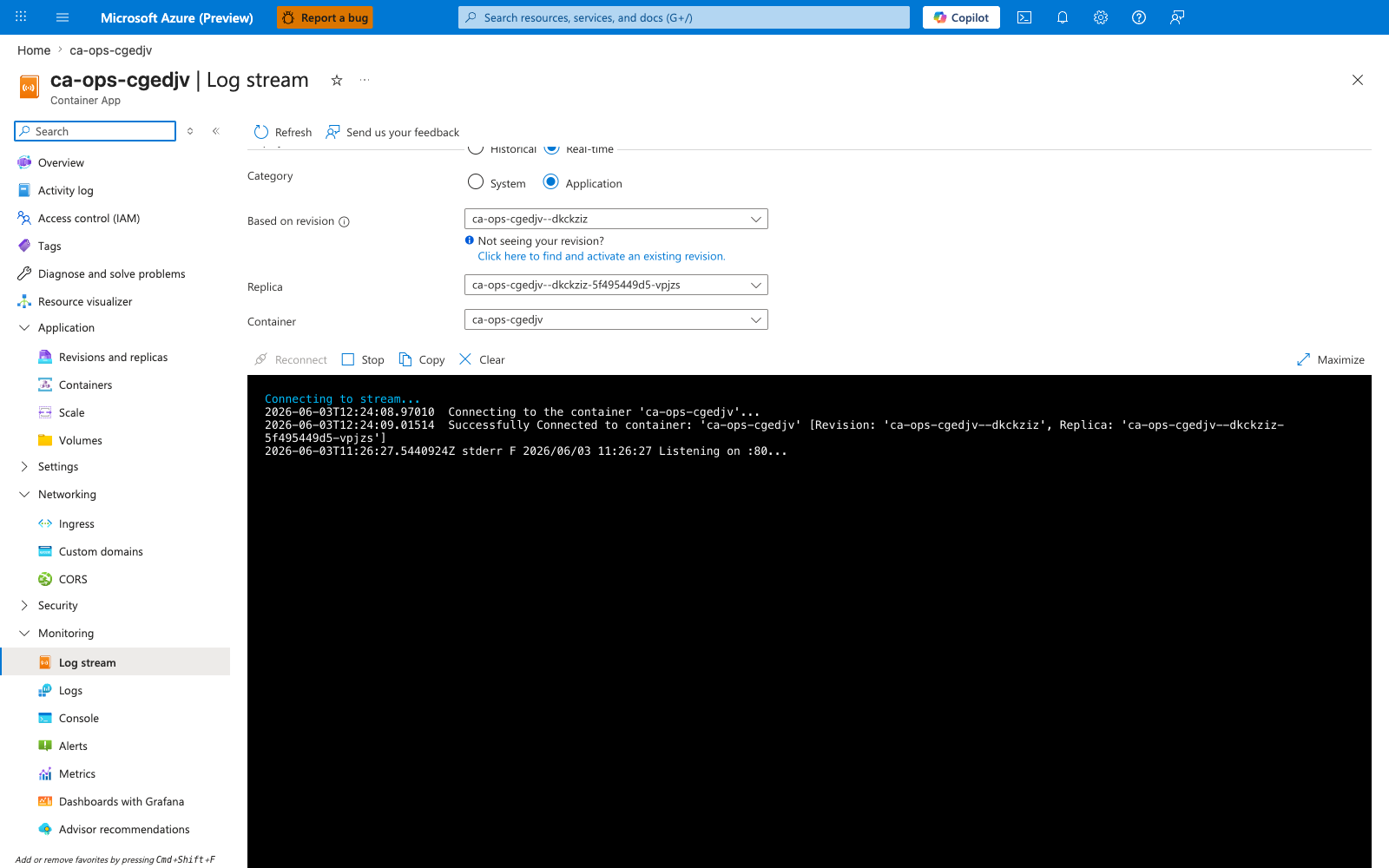 Log stream blade showing live container output