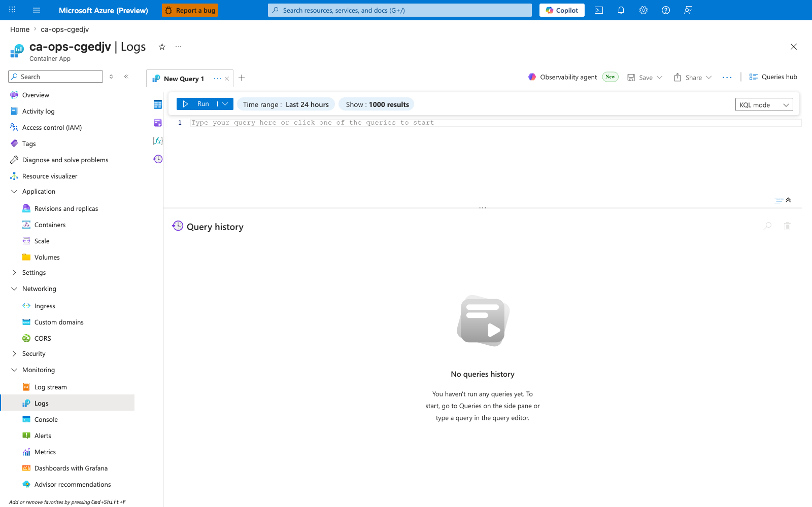 Logs blade showing the Log Analytics query editor for the container app