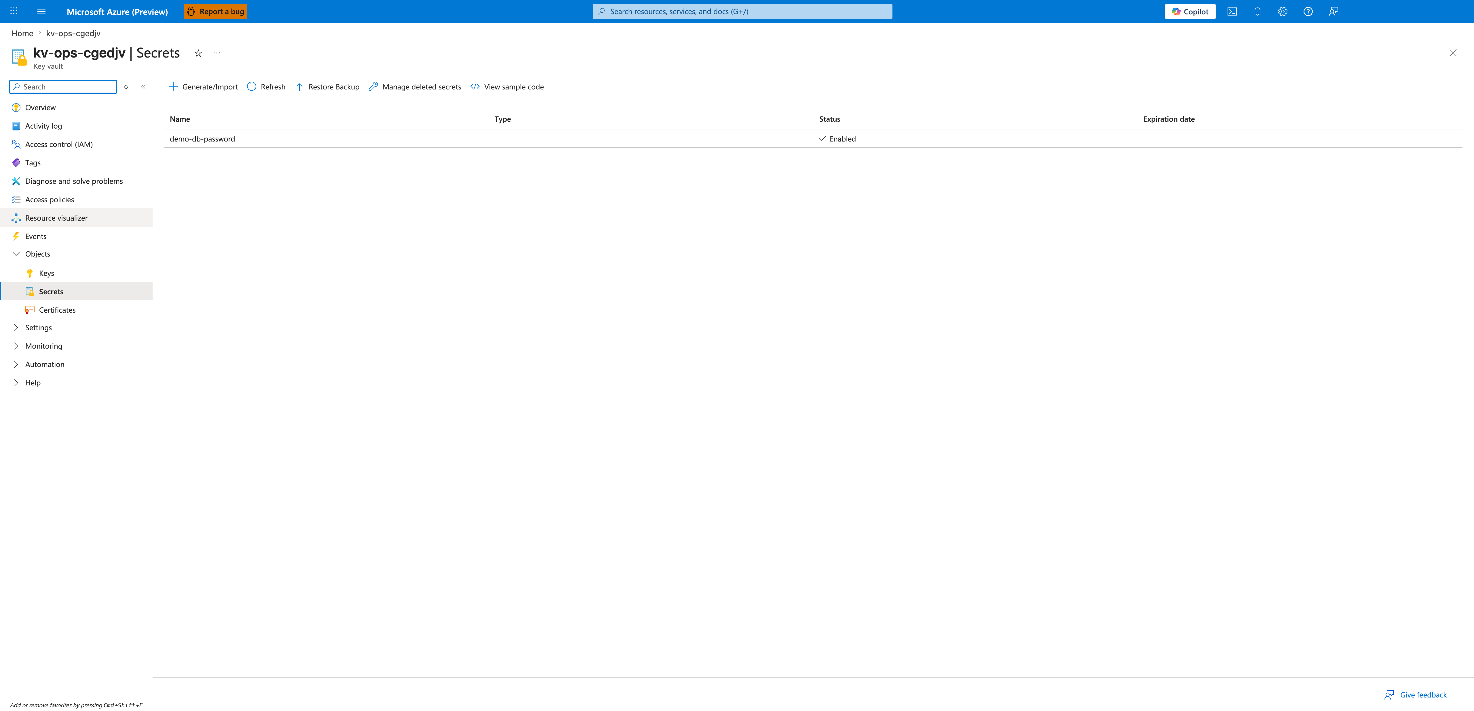 Key Vault Secrets blade showing demo-db-password with Status Enabled