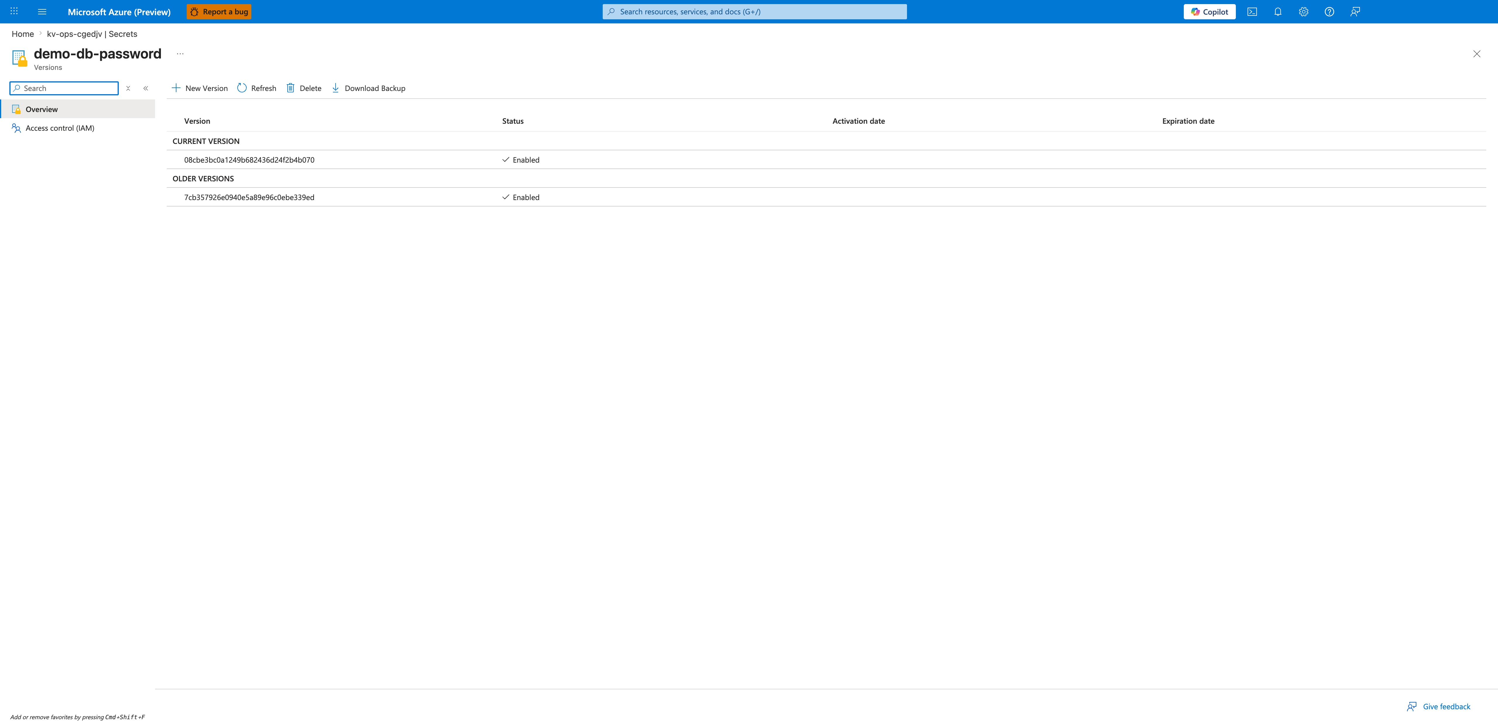 demo-db-password Versions blade with one Current version and one Older version both Enabled