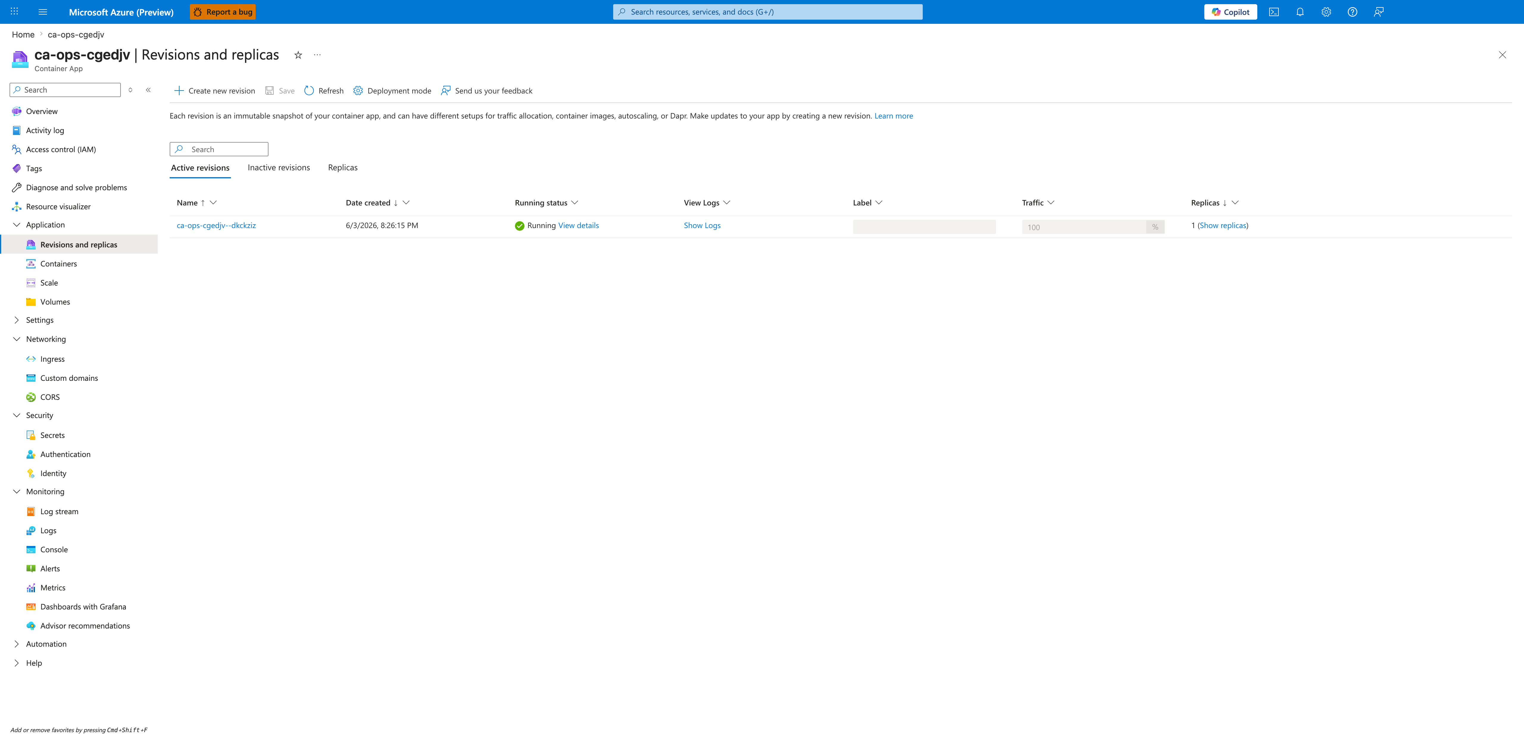 Revisions and replicas blade showing one Running active revision with 100 percent traffic