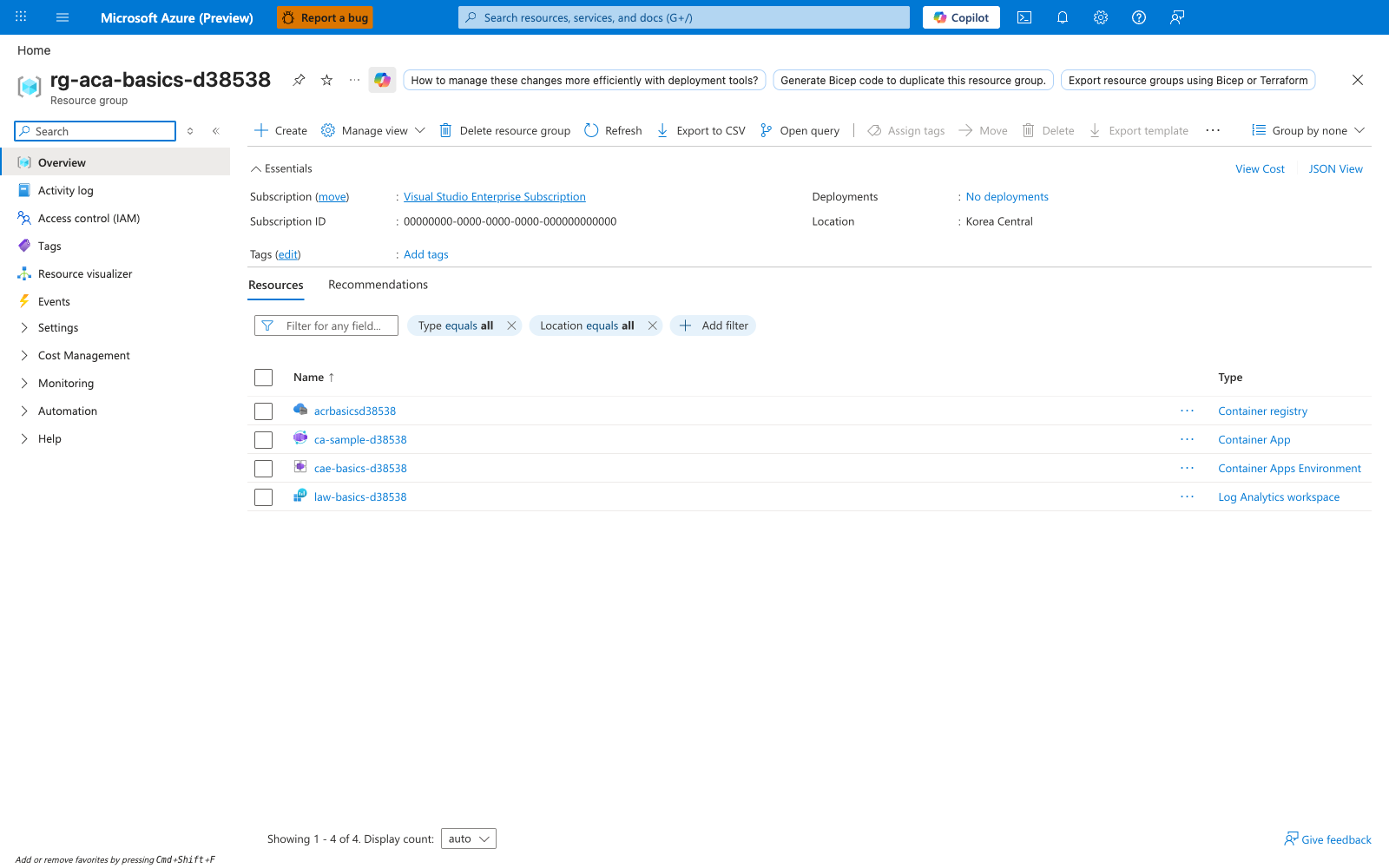 Resource group overview blade showing four resources: acrbasicsd38538 (Container registry), ca-sample-d38538 (Container App), cae-basics-d38538 (Container Apps Environment), and law-basics-d38538 (Log Analytics workspace)