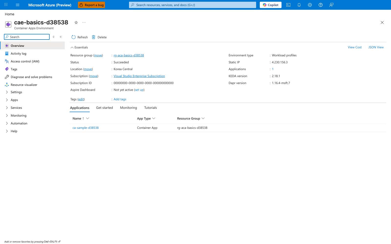 Container Apps Environment Overview blade showing Environment type Workload profiles, Static IP, Korea Central location, KEDA 2.18.1, Dapr 1.16.4-msft.7, 1 application listed in the Applications tab