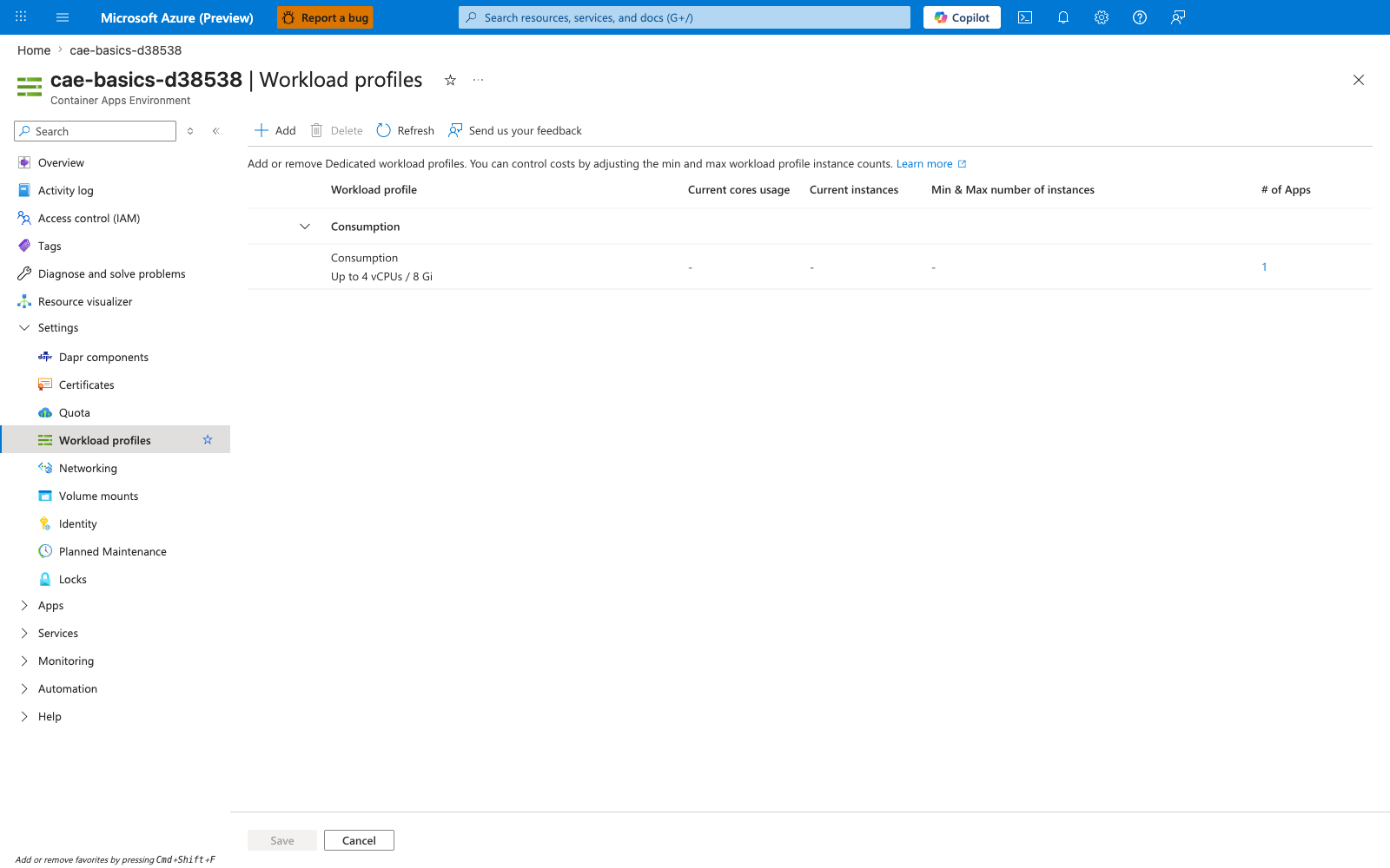 Workload profiles blade showing a single Consumption profile with capacity Up to 4 vCPUs / 8 Gi and 1 app placed on it; Settings group expanded showing Dapr components, Certificates, Quota, Workload profiles, Networking, Volume mounts, Identity, Planned Maintenance, Locks