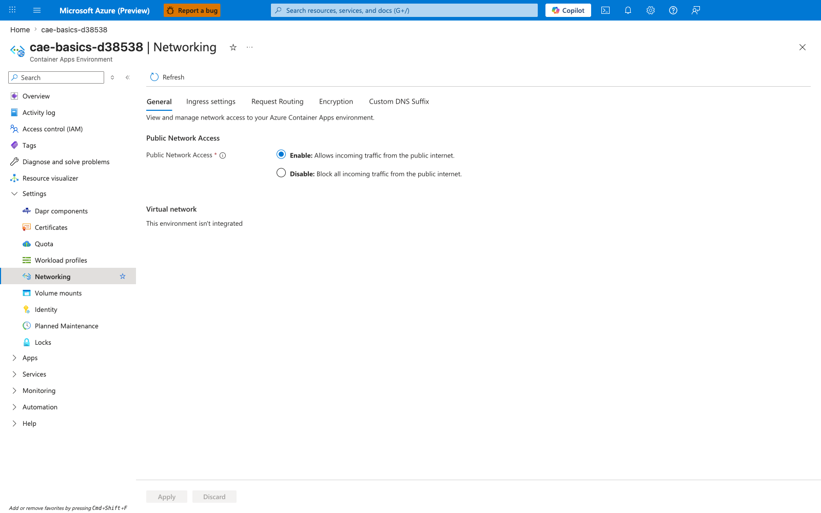 Networking blade showing General tab with Public Network Access set to Enable Allows incoming traffic from the public internet, and Virtual network section showing This environment isn't integrated