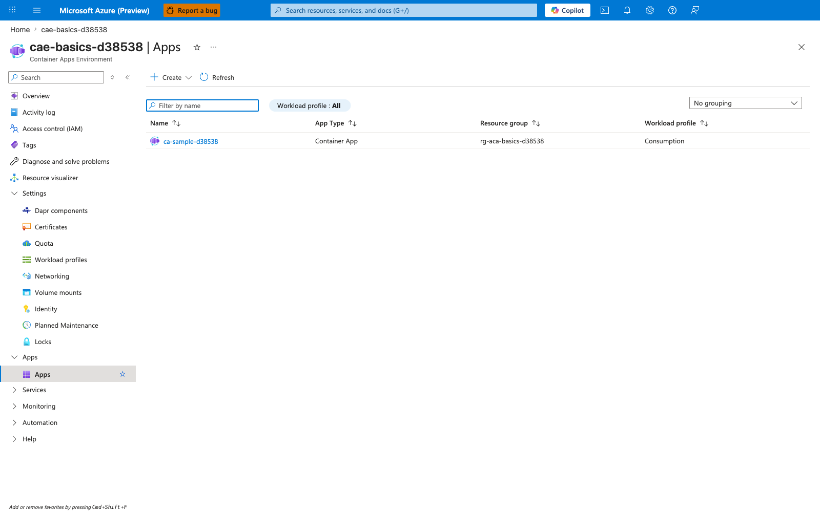 Apps blade on the environment showing one Container App ca-sample-d38538 with App Type Container App, Resource group rg-aca-basics-d38538, Workload profile Consumption; filter by Workload profile shows All