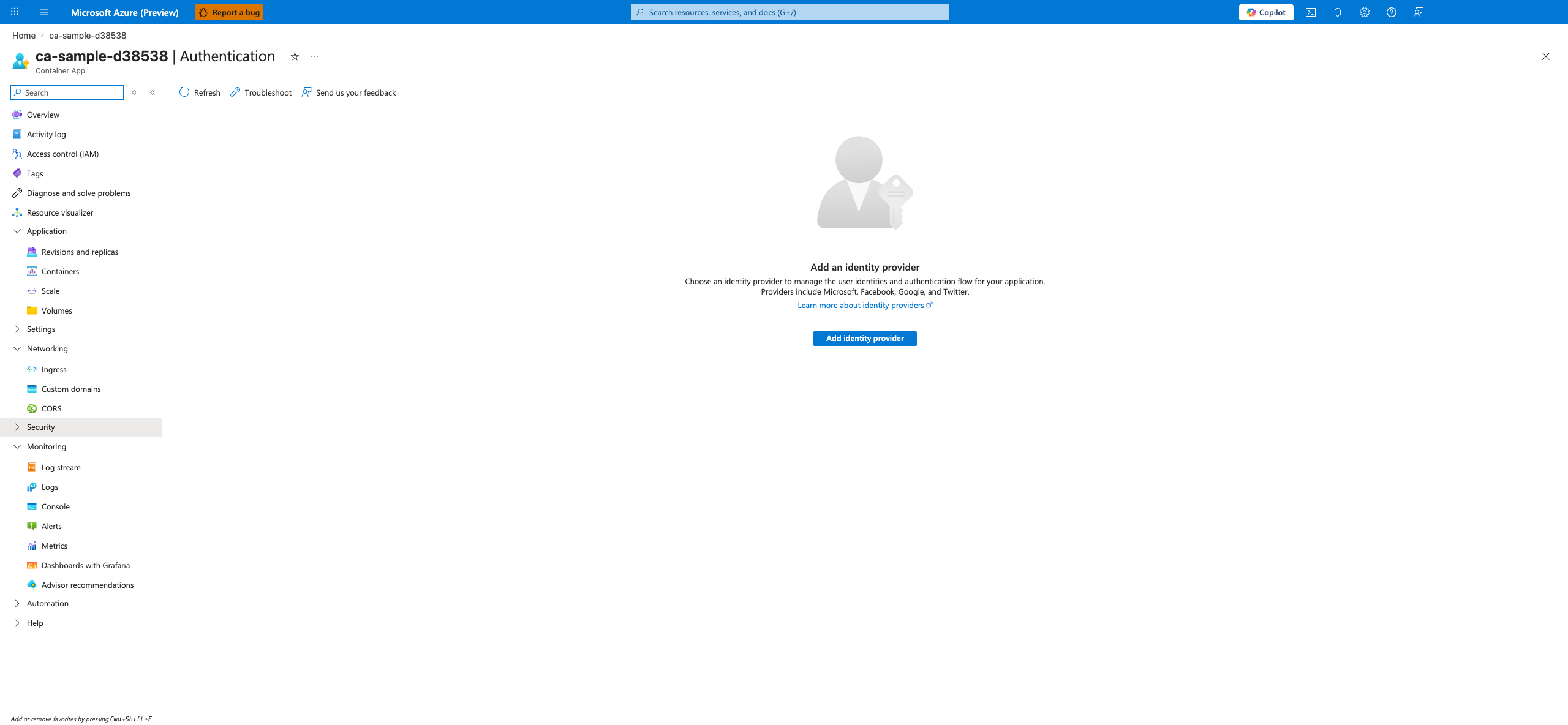 Authentication blade for a Container App showing the Add an identity provider empty state