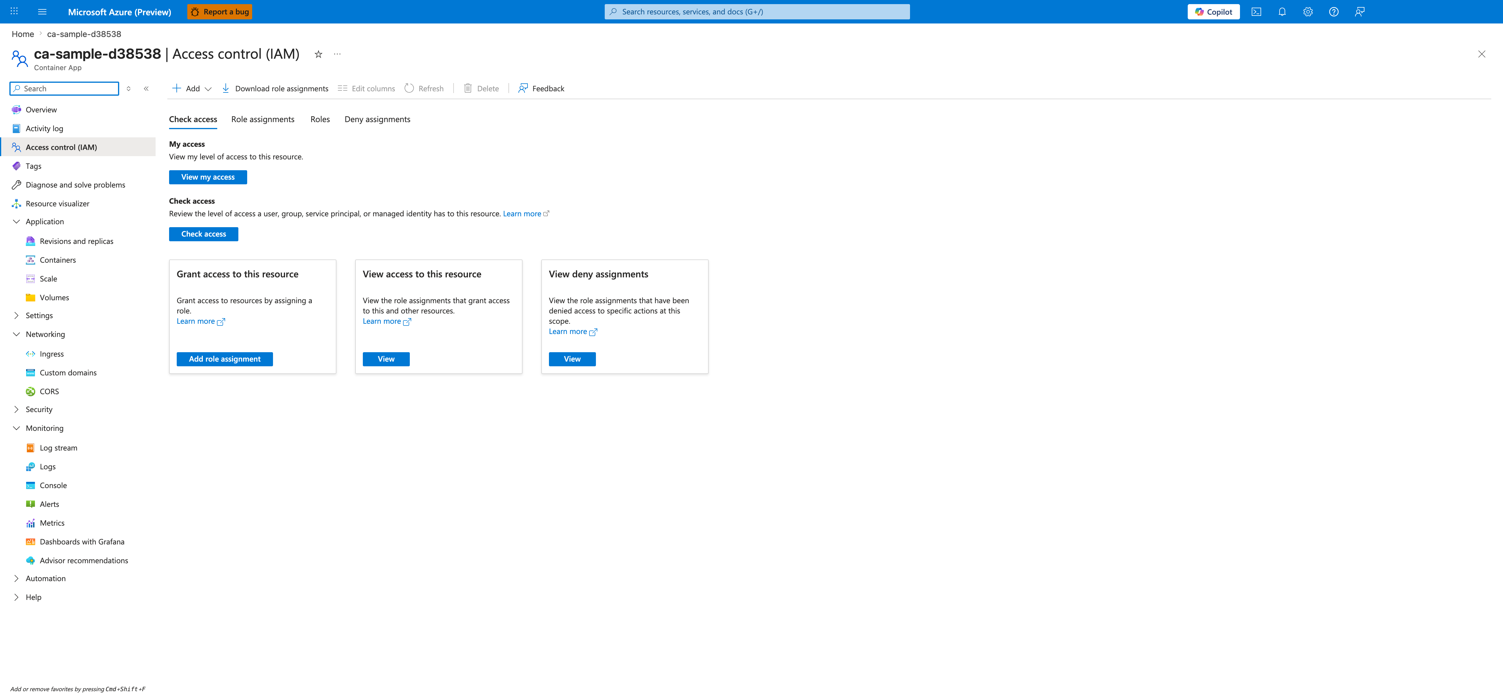 Access control IAM blade for a Container App showing the Check access tab with Grant access View access and View deny assignments cards and the Roles tab label