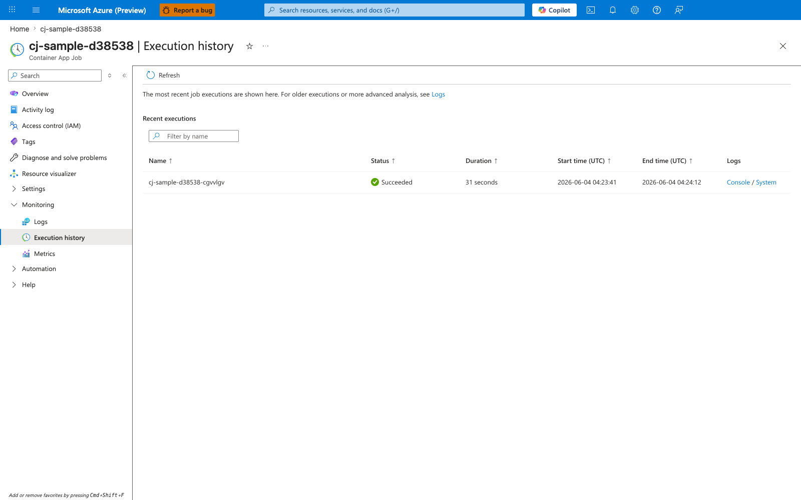 Container App Job | Execution history | Recent executions table with Name, Status, Duration, Start time (UTC), End time (UTC), Logs columns | one Succeeded row | Console and System log links