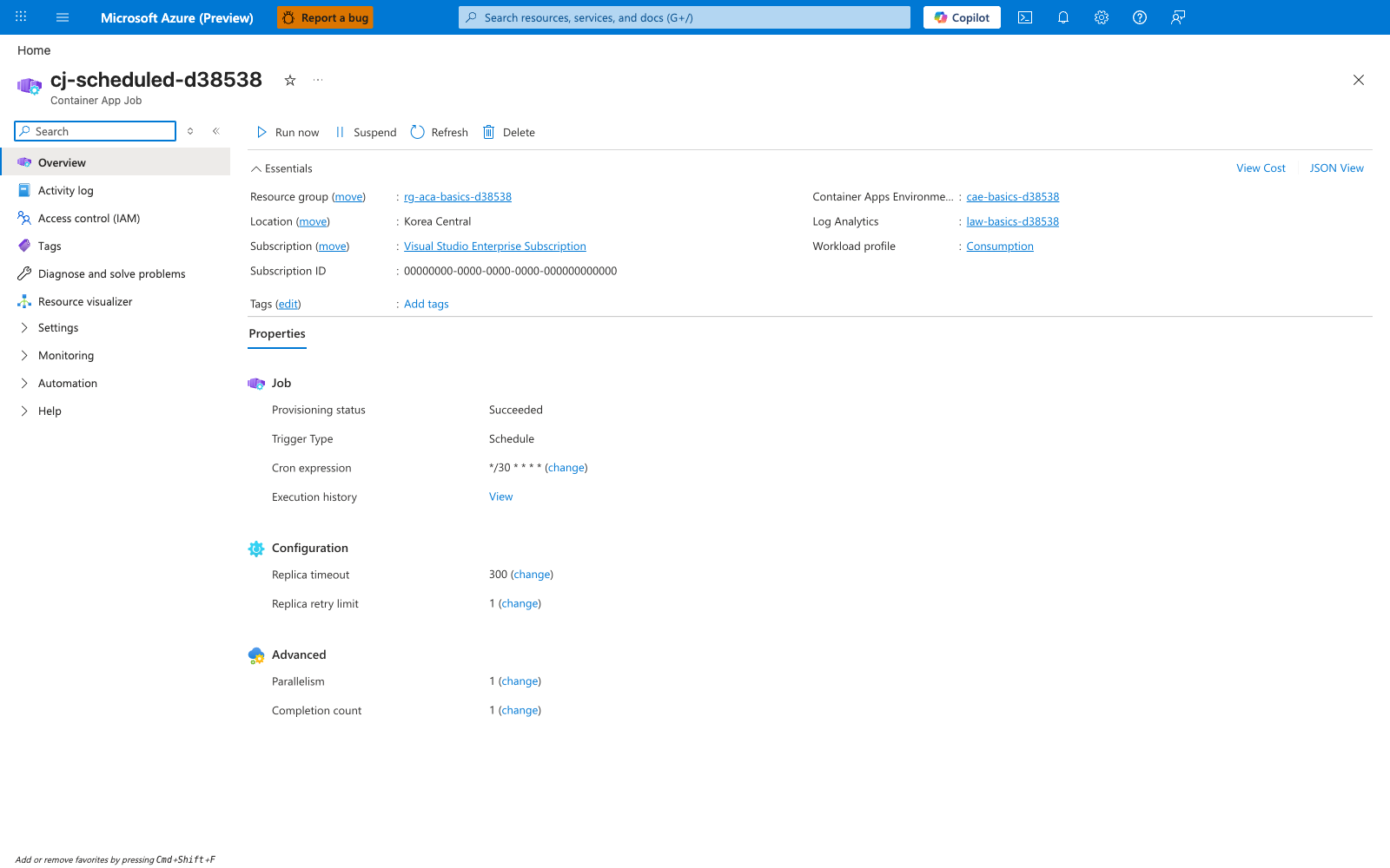 Container App Job | Trigger Type | Schedule | Cron expression | */30 * * * * | Execution history | View | Replica timeout | 300 | Replica retry limit | 1 | Parallelism | 1 | Completion count | 1