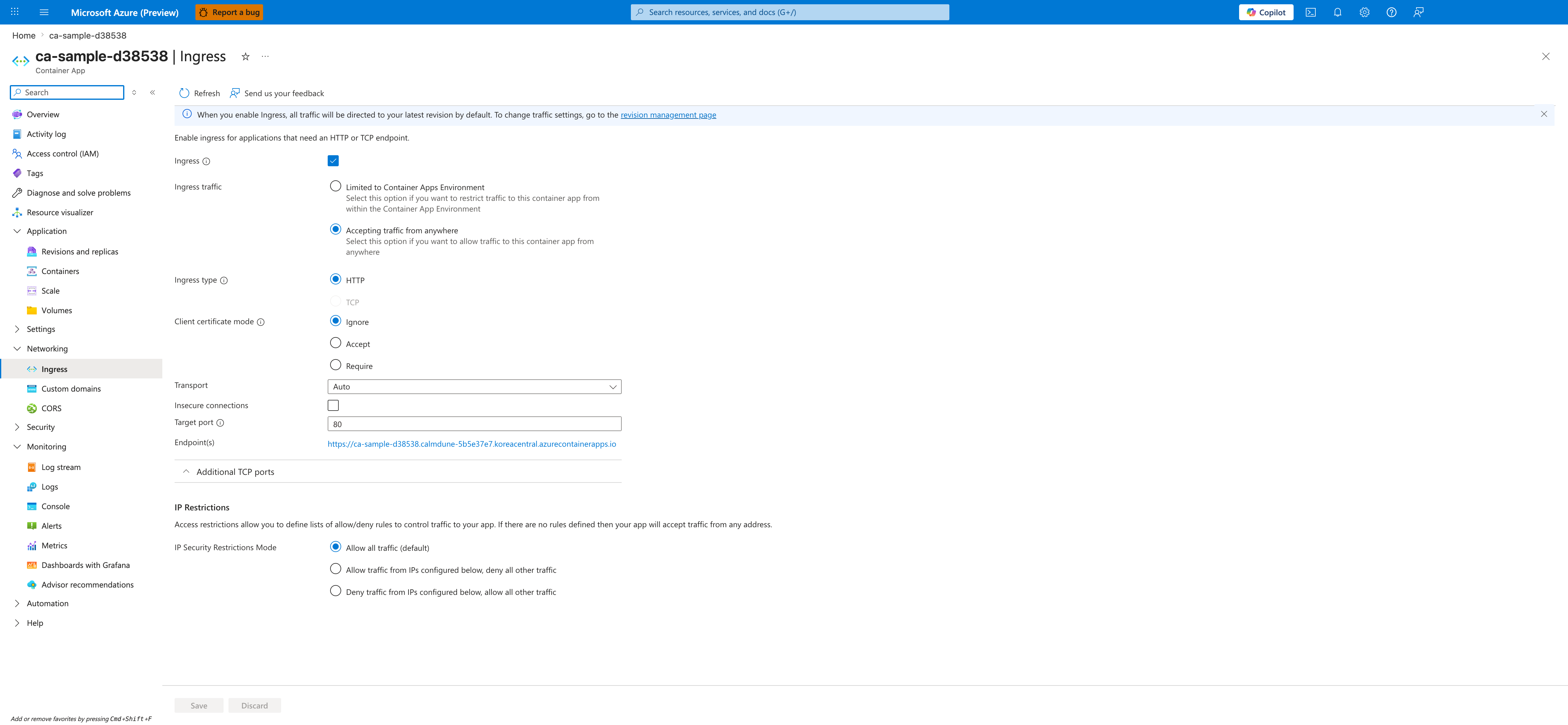 Azure Portal Ingress blade for ca-sample-d38538 showing Ingress enabled, Accepting traffic from anywhere, Ingress type HTTP, Client certificate mode Ignore, Transport Auto, Target port 80, the public Endpoints URL ending in koreacentral.azurecontainerapps.io, an Additional TCP ports row, and the start of the IP Restrictions section with "Allow all traffic (default)" selected.