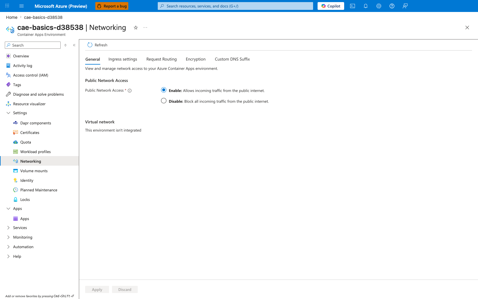 Azure Portal Networking blade for cae-basics-d38538 environment showing tabs General, Ingress settings, Request Routing, Encryption, Custom DNS Suffix, with Public Network Access set to Enable and Virtual network section reporting "This environment isn't integrated".