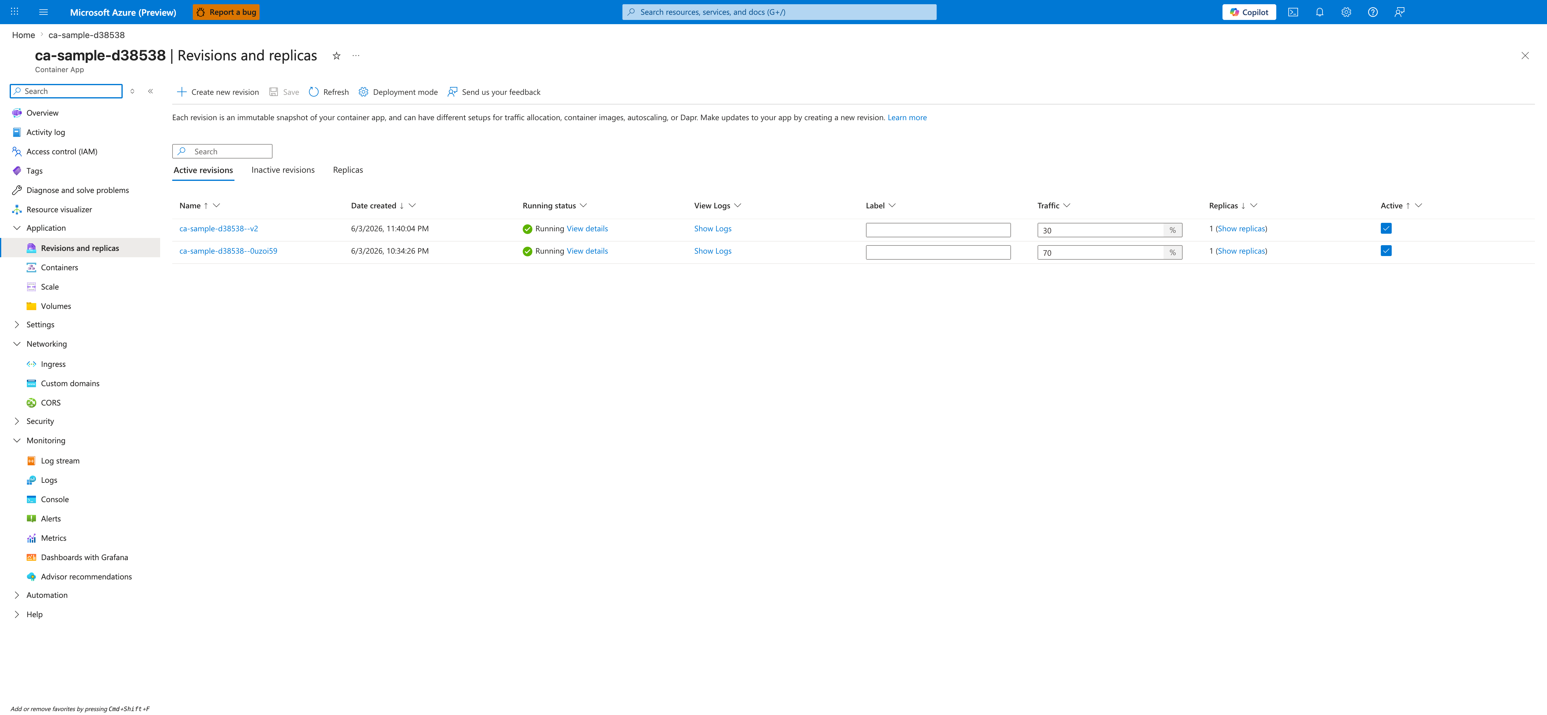Revisions and replicas blade for a Container App showing the Create new revision and Save commands, the Active revisions and Inactive revisions tabs, two rows with Date created timestamps, Running status, and Active checkboxes selected