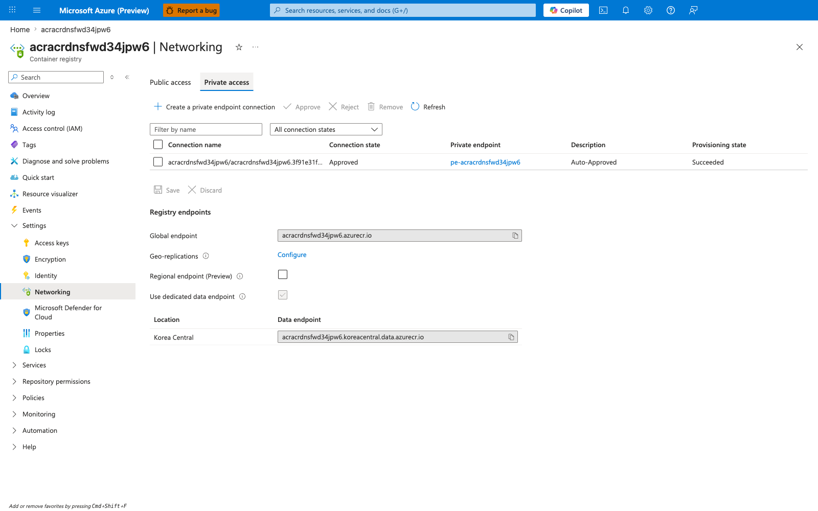 ACR Networking blade showing approved private endpoint pe-acracrdnsfwd34jpw6