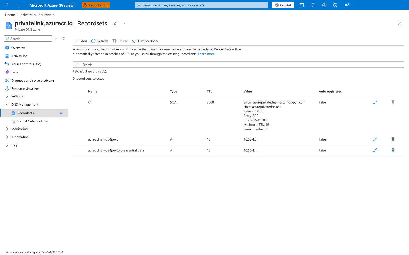 Private DNS zone privatelink.azurecr.io showing A records mapping ACR FQDNs to PE NIC IPs