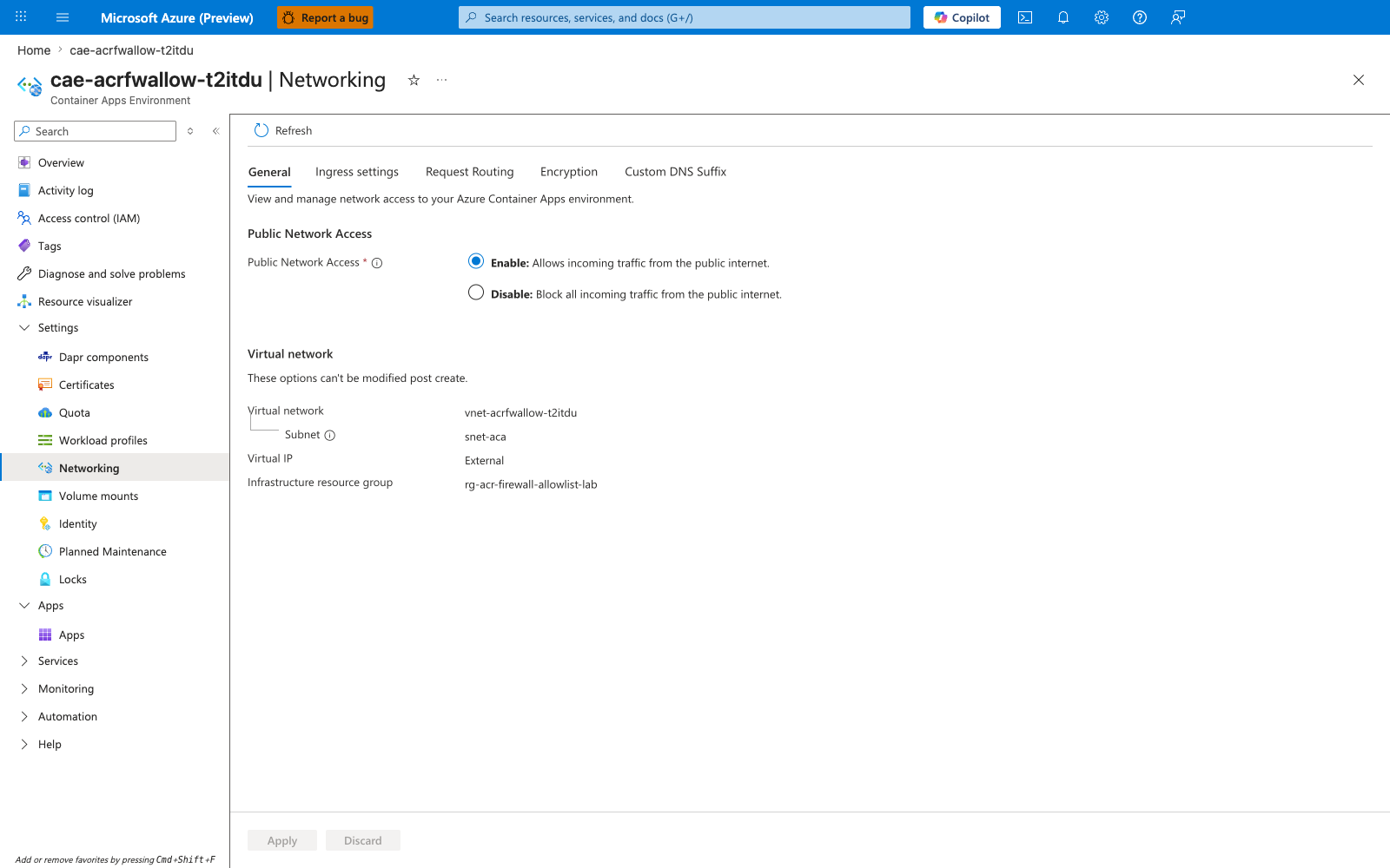 Container Apps environment Networking blade showing VNet integration and workload subnet snet-aca