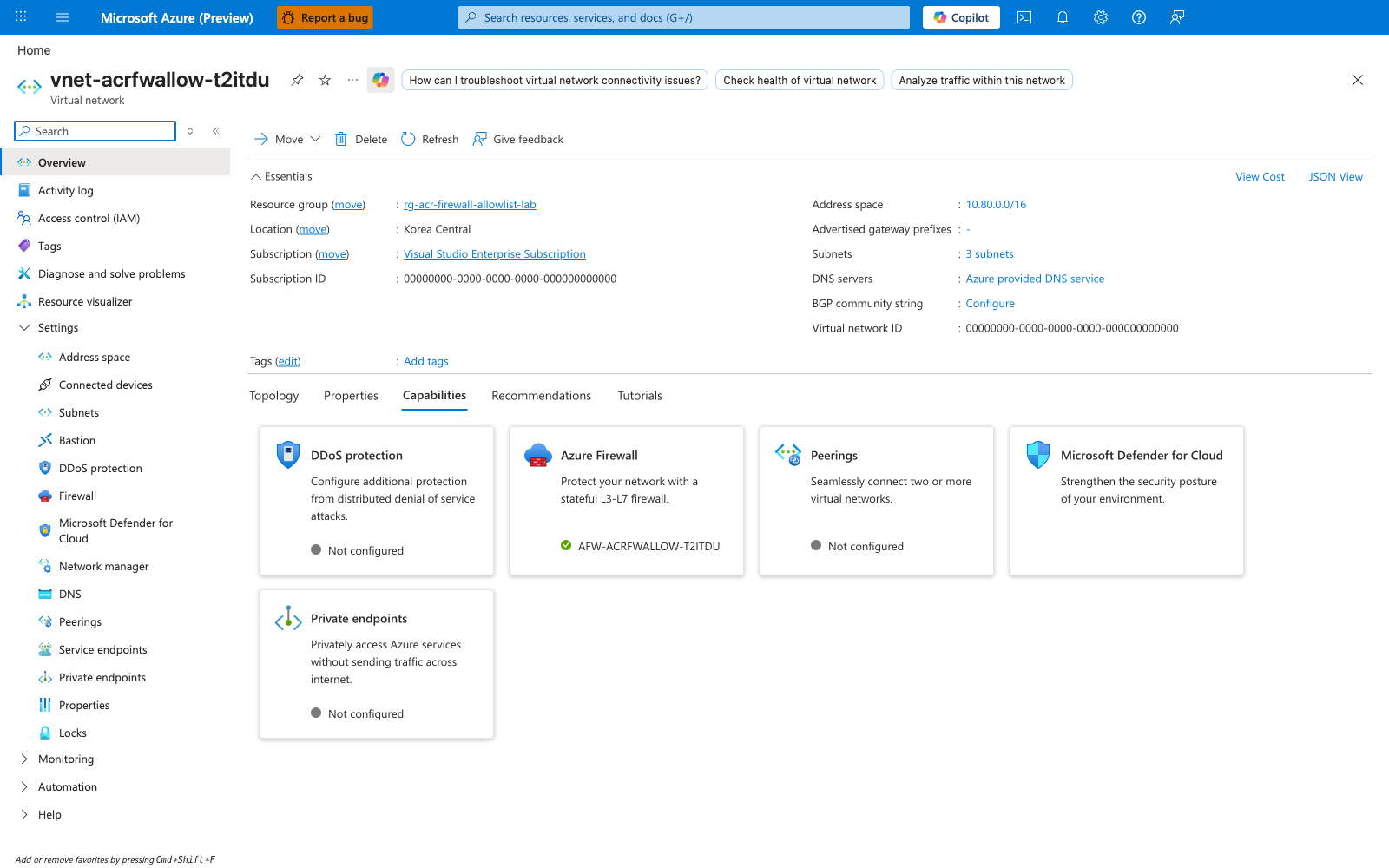 VNet Overview blade showing 10.80.0.0/16 address space and three subnets