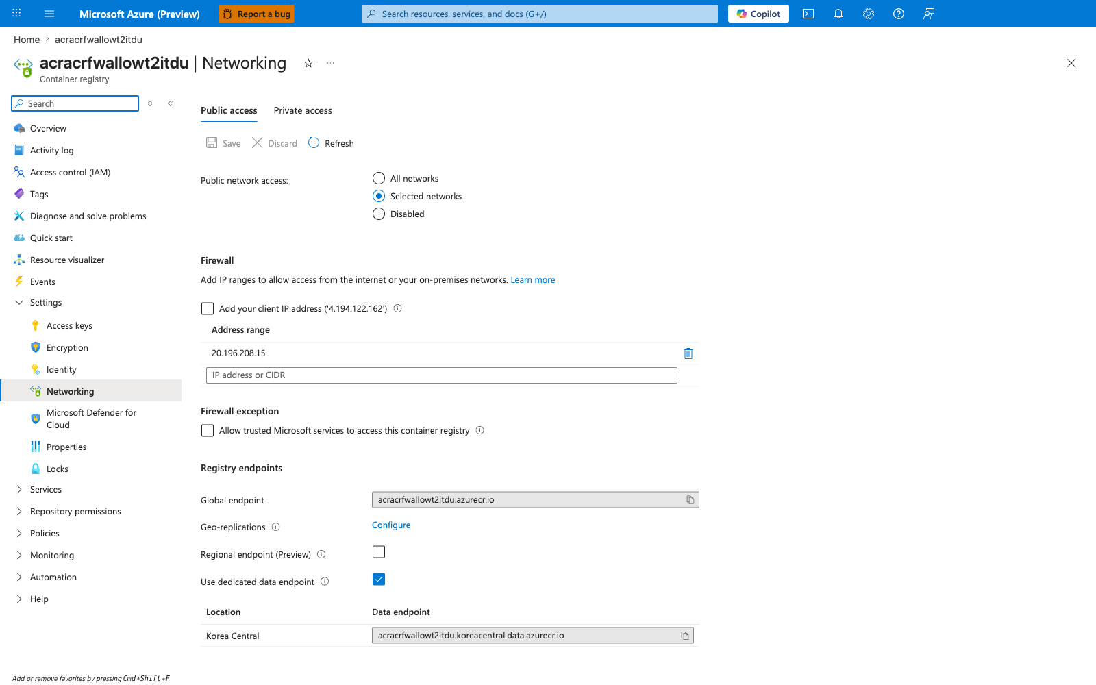 ACR Networking Public access tab showing Selected networks with firewall public IP 20.196.208.15 in ipRules