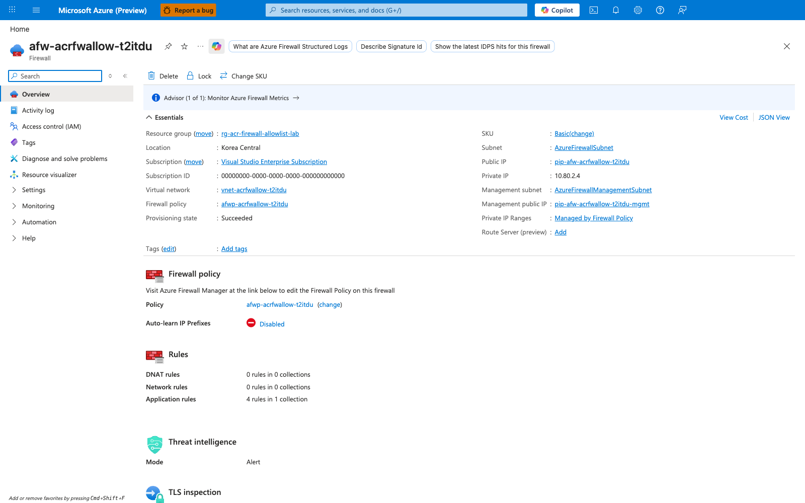 Azure Firewall Overview blade showing Basic SKU with public IP 20.196.208.15 and private IP 10.80.2.4