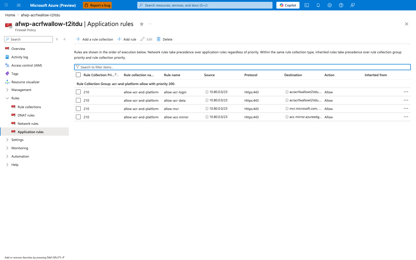 Firewall policy Application rules blade showing 4 rules: allow-acr-login, allow-acr-data, allow-mcr, allow-acs-mirror