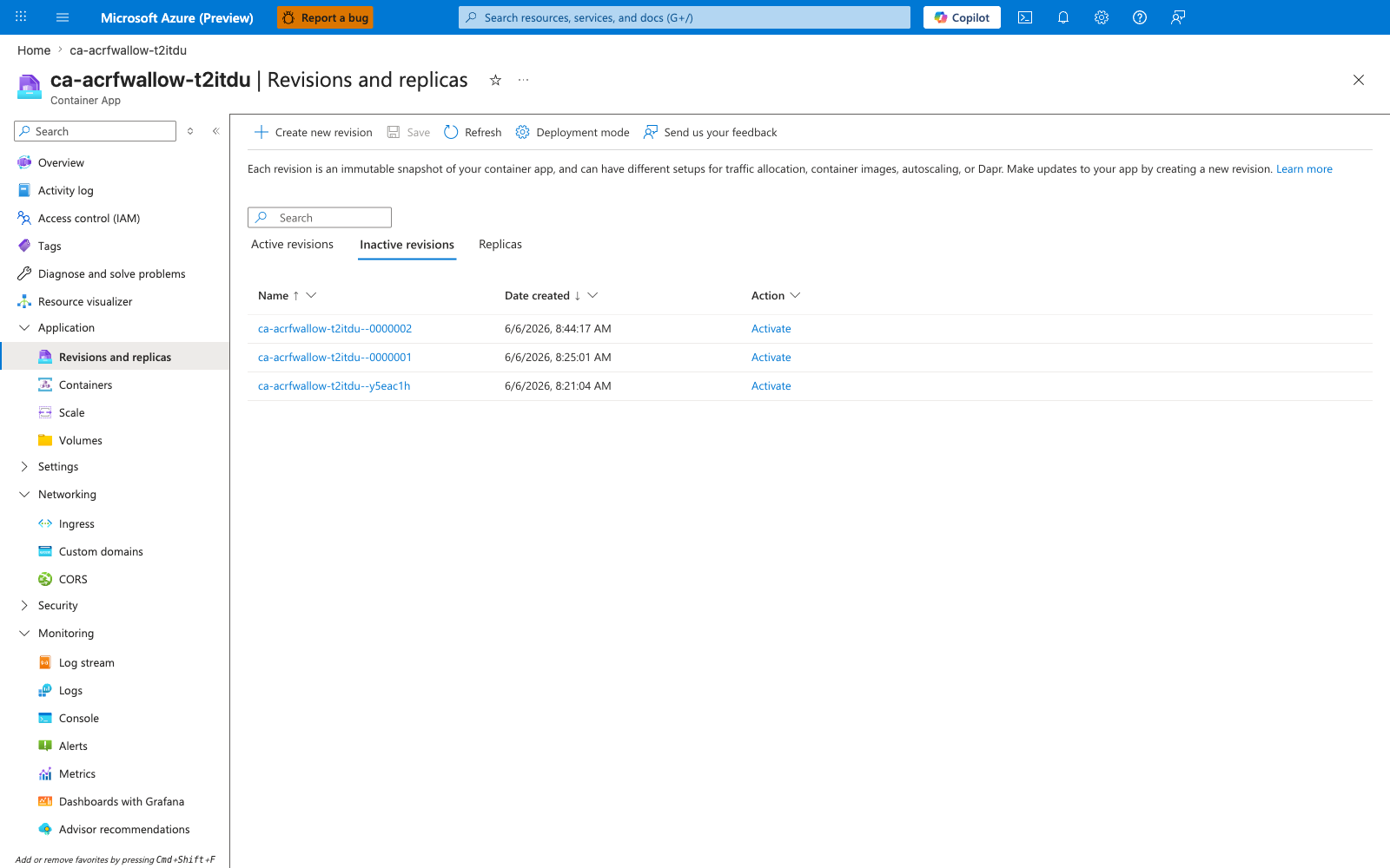 Container App Revisions blade Inactive revisions tab showing --y5eac1h bootstrap plus --0000001 v1 and --0000002 v-broken all deactivated