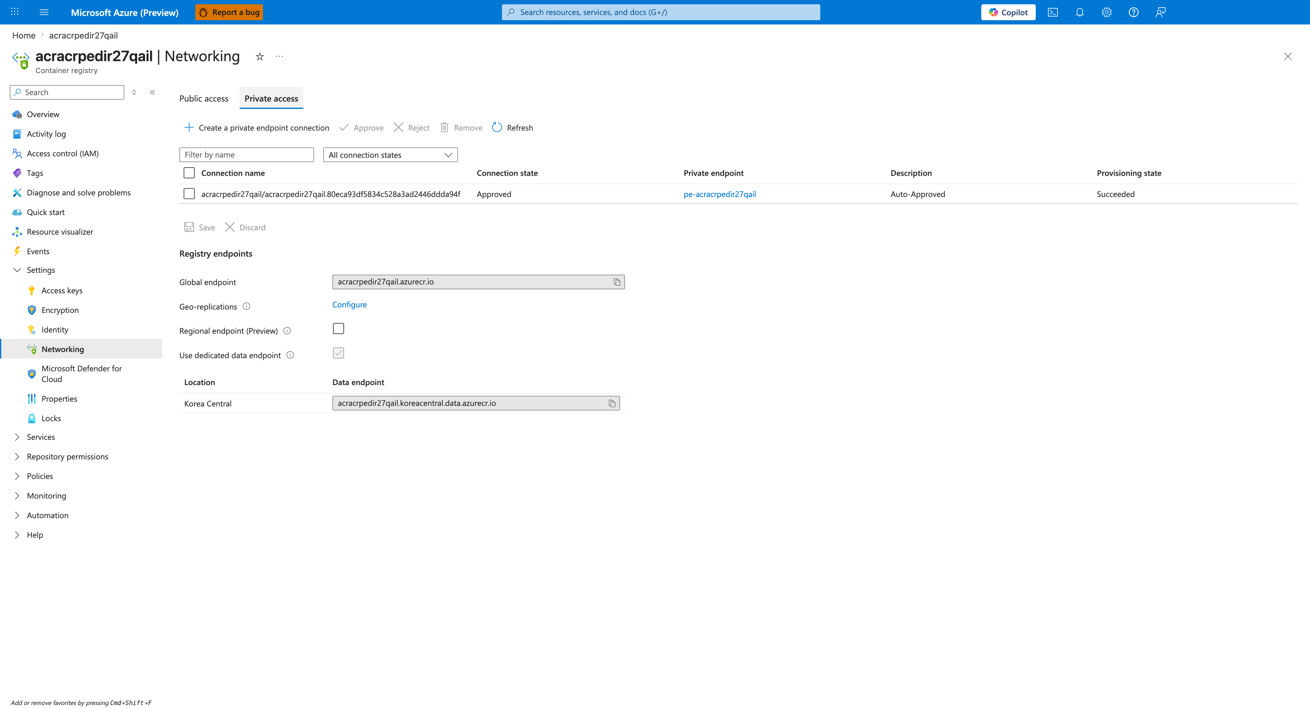 ACR Networking blade showing public access Disabled and approved PE connection