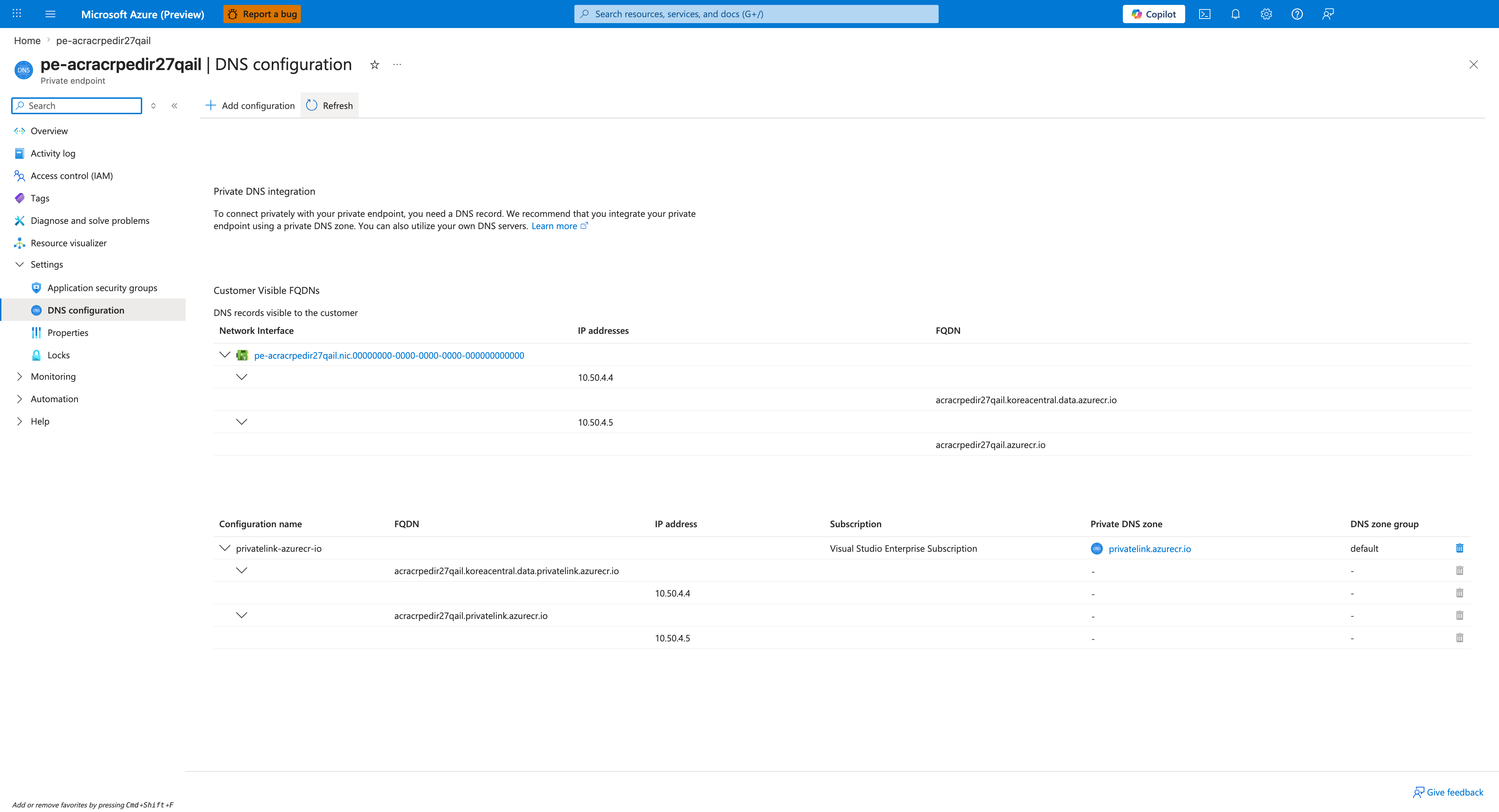Private Endpoint DNS configuration showing both ACR FQDNs and PE NIC IPs
