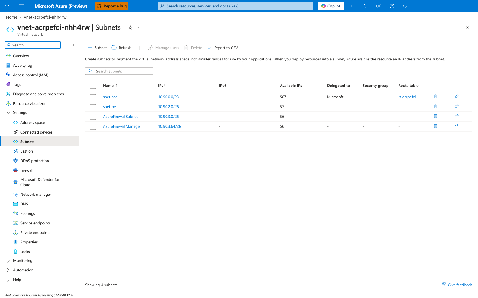VNet Subnets blade showing snet-aca, snet-pe, AzureFirewallSubnet, AzureFirewallManagementSubnet with CIDR and delegations