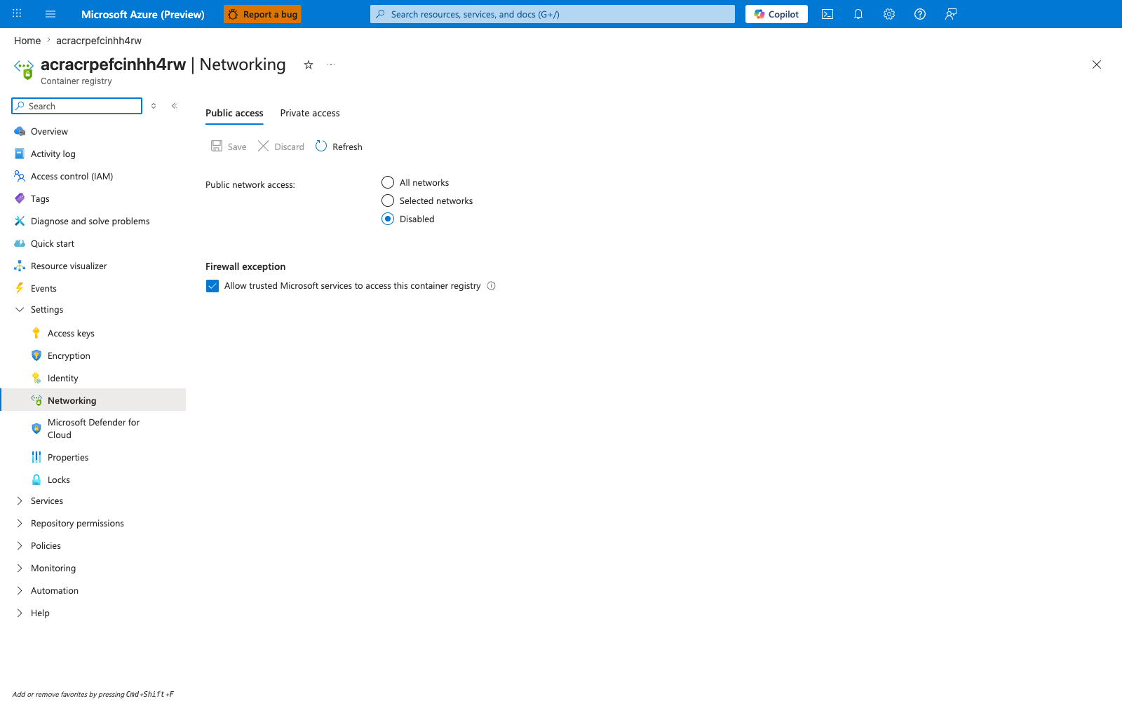 ACR Networking Public access tab showing Public network access Disabled