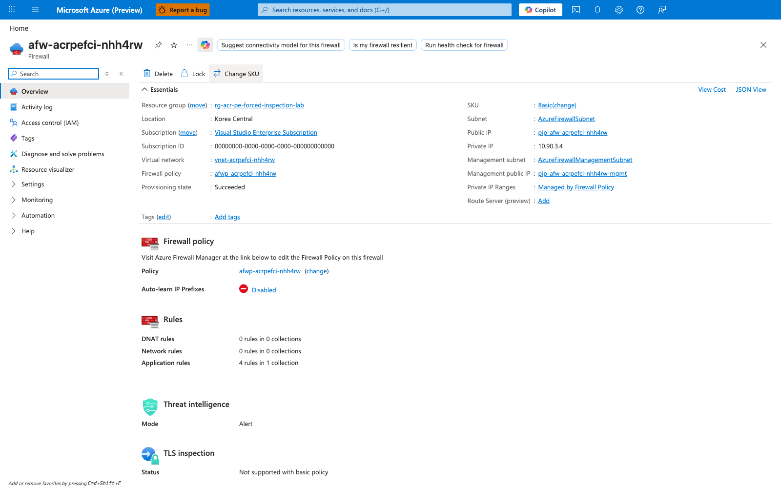 Azure Firewall Overview blade showing Basic SKU with private IP 10.90.3.4