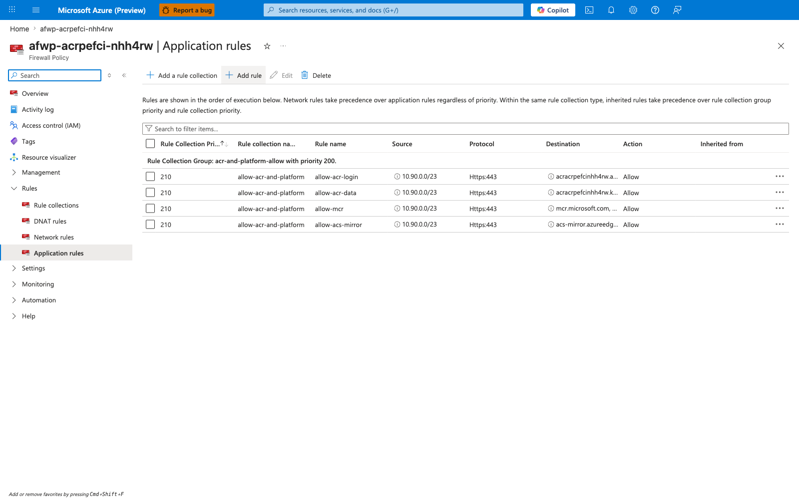 Firewall policy Application rules blade showing 4 rules: allow-acr-login, allow-acr-data, allow-mcr, allow-acs-mirror