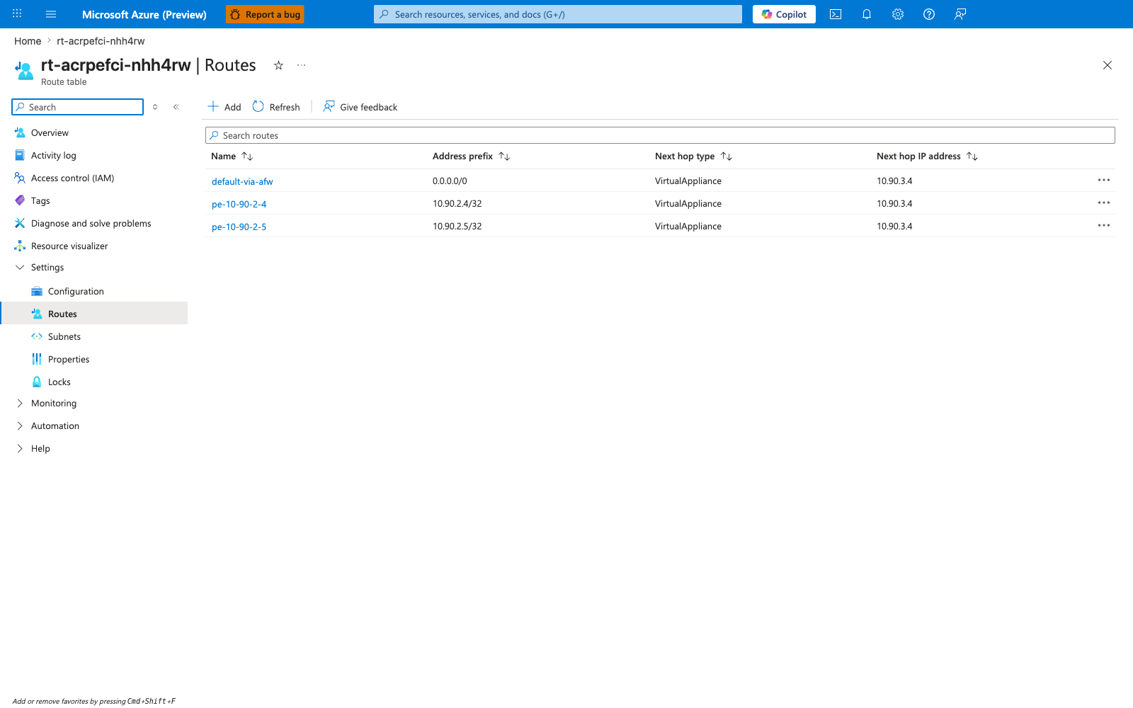 Route table Routes blade showing default-via-afw + pe-10-90-2-4 + pe-10-90-2-5 routes all pointing at firewall private IP 10.90.3.4