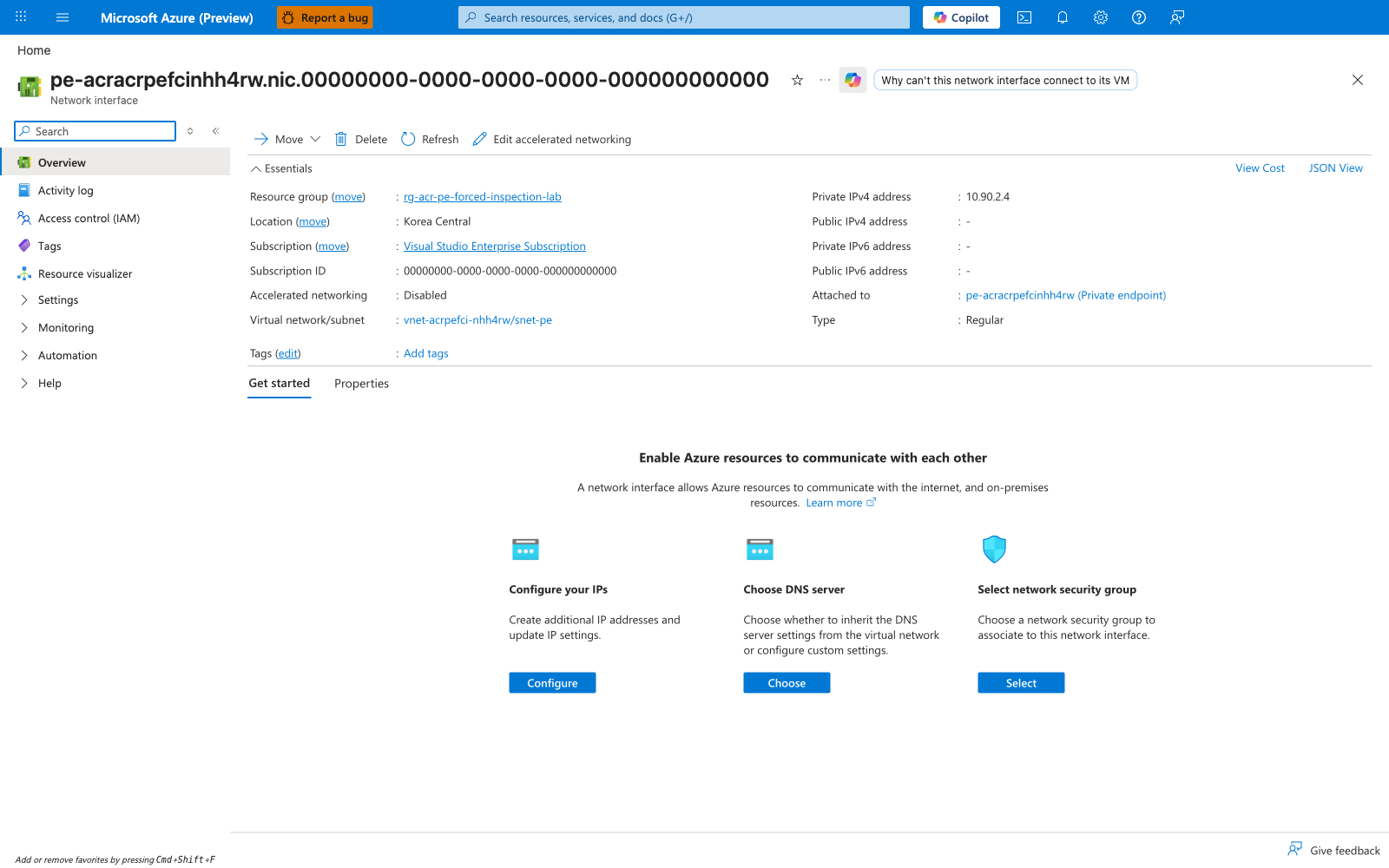 Private Endpoint NIC Overview blade showing primary private IP 10.90.2.4