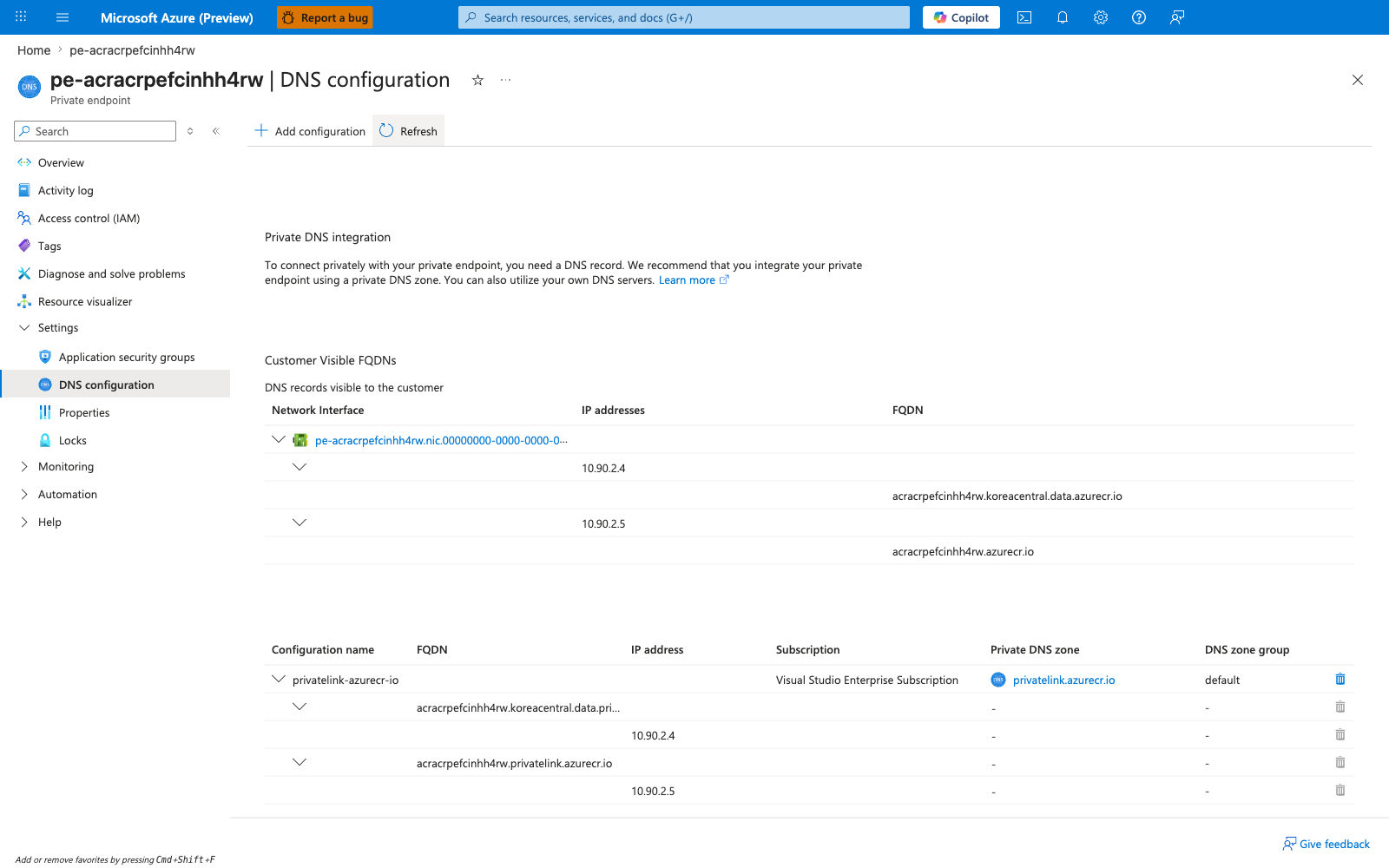 Private Endpoint DNS configuration blade showing both FQDN to IP mappings: data endpoint 10.90.2.4 and login endpoint 10.90.2.5