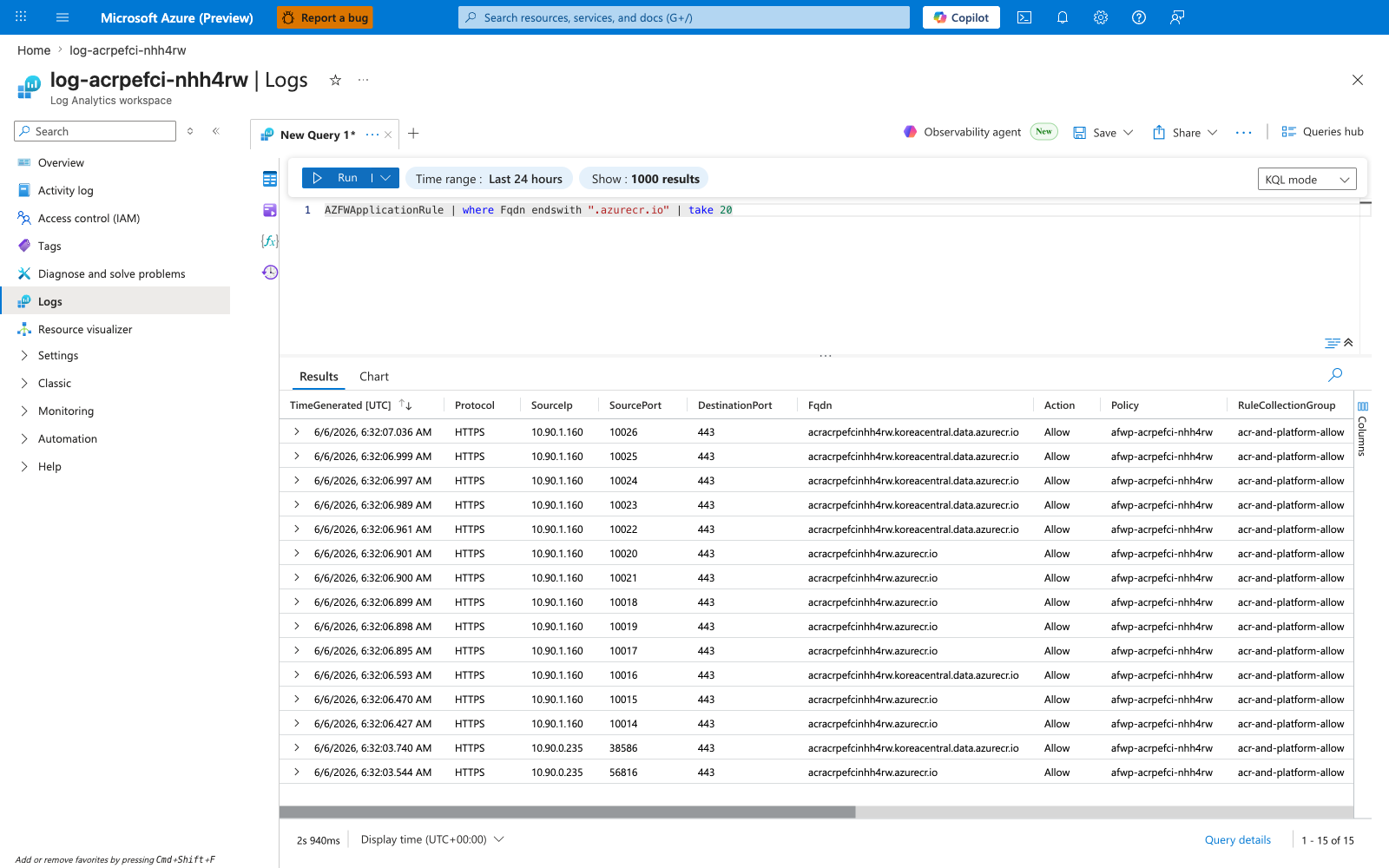 Log Analytics workspace Logs blade showing AZFWApplicationRule KQL query results with 15 rows of acracrpefcinhh4rw.azurecr.io and data endpoint FQDN matches from snet-aca source IP 10.90.1.160