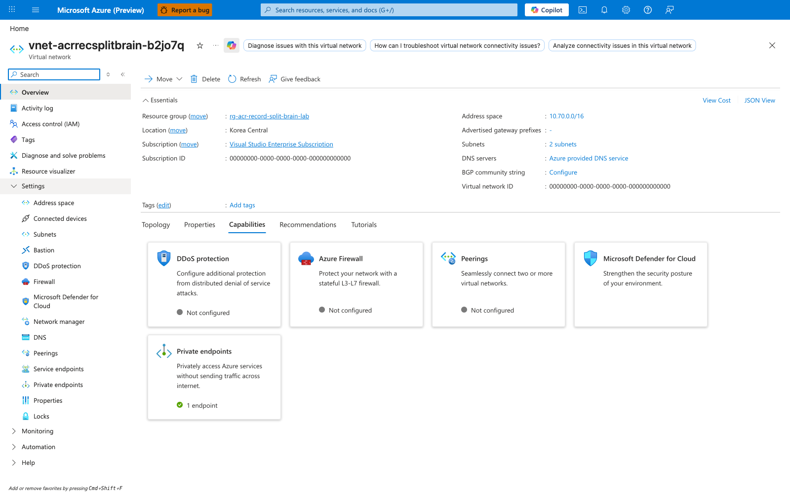 VNet Overview blade showing DNS servers set to Azure provided DNS service
