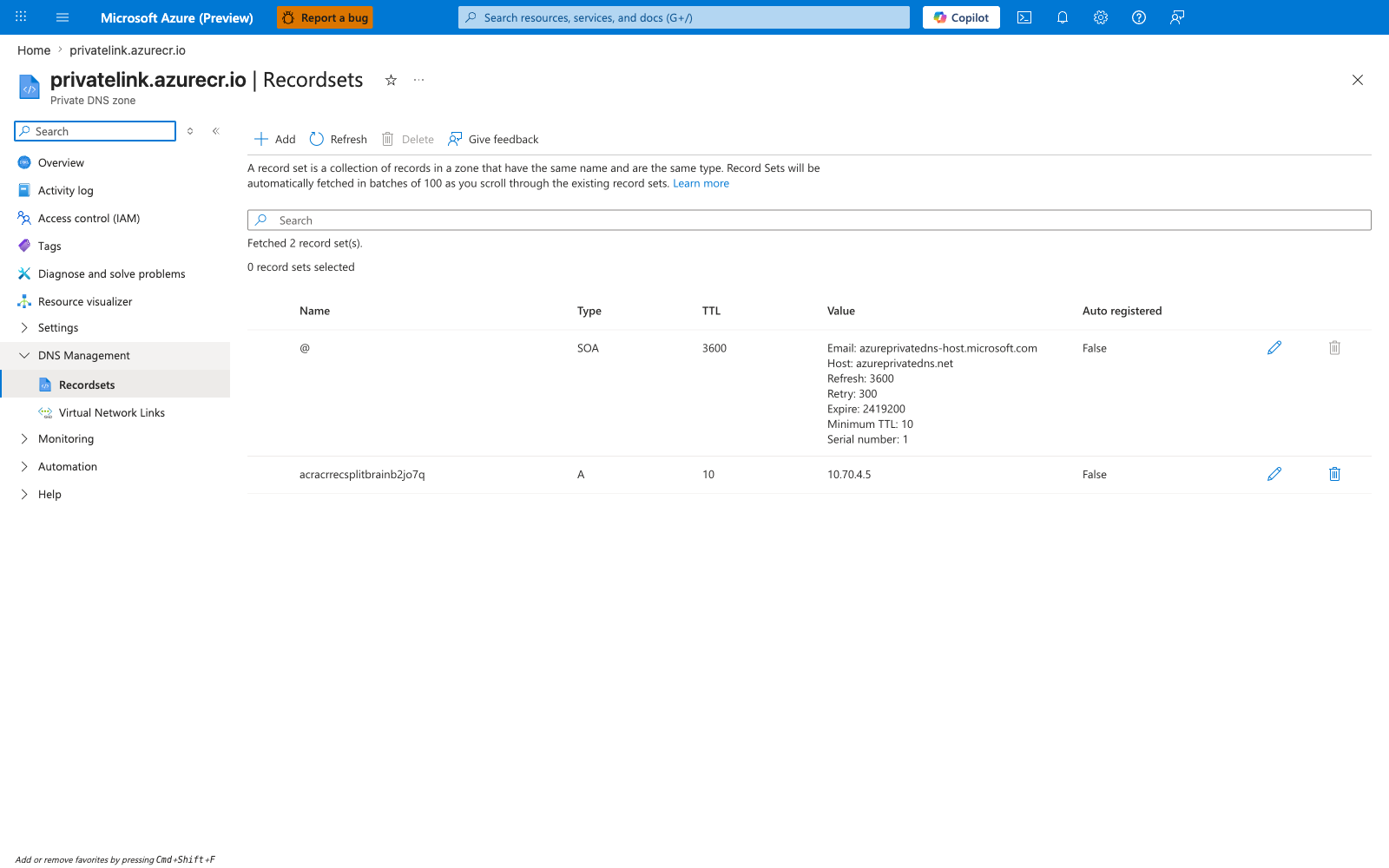 Private DNS zone Recordsets blade showing only 2 record sets (SOA and registry A) in broken state — data A record missing
