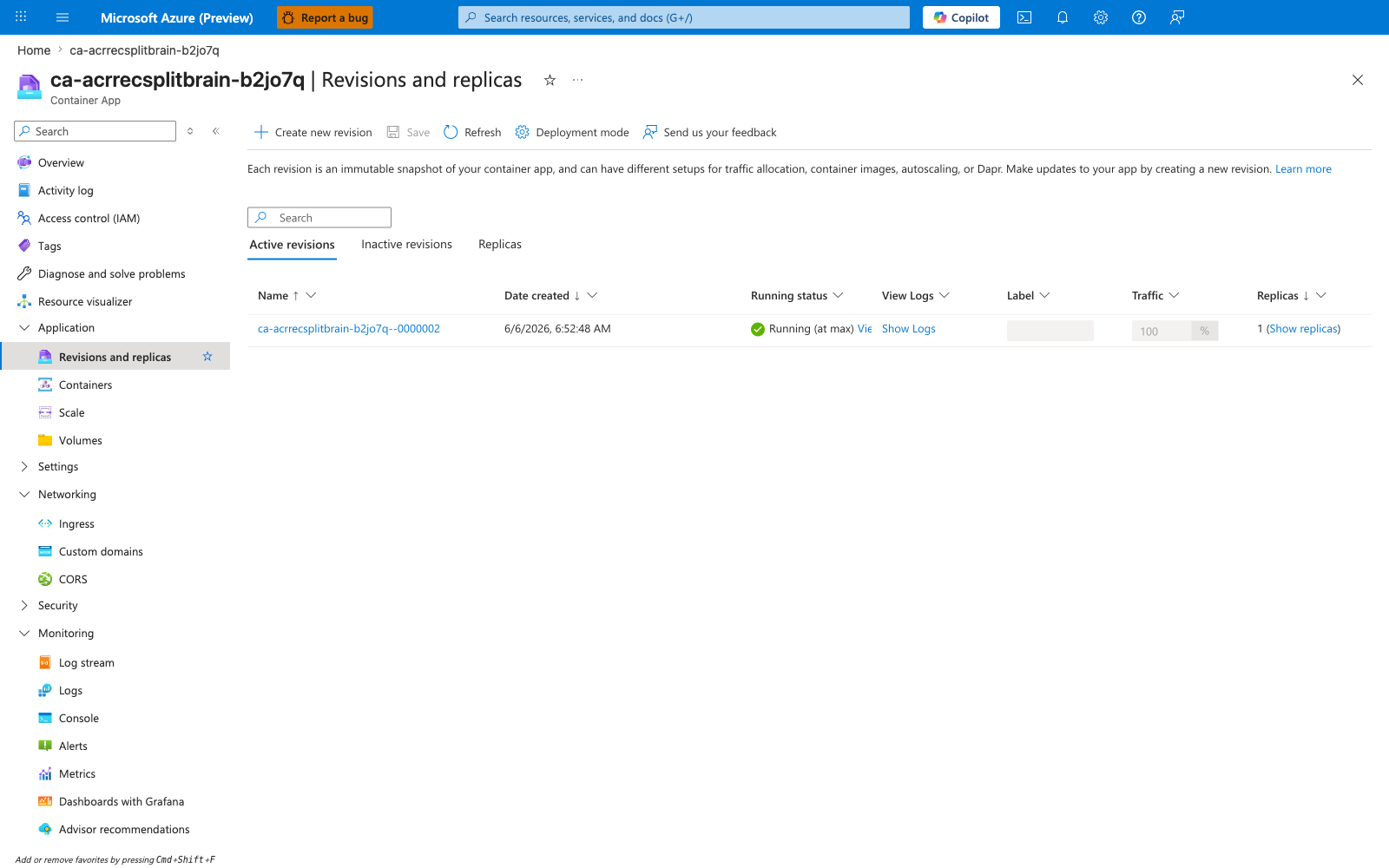 Container App Revisions blade showing revision --0000002 Running at max with 100% traffic and 1 replica