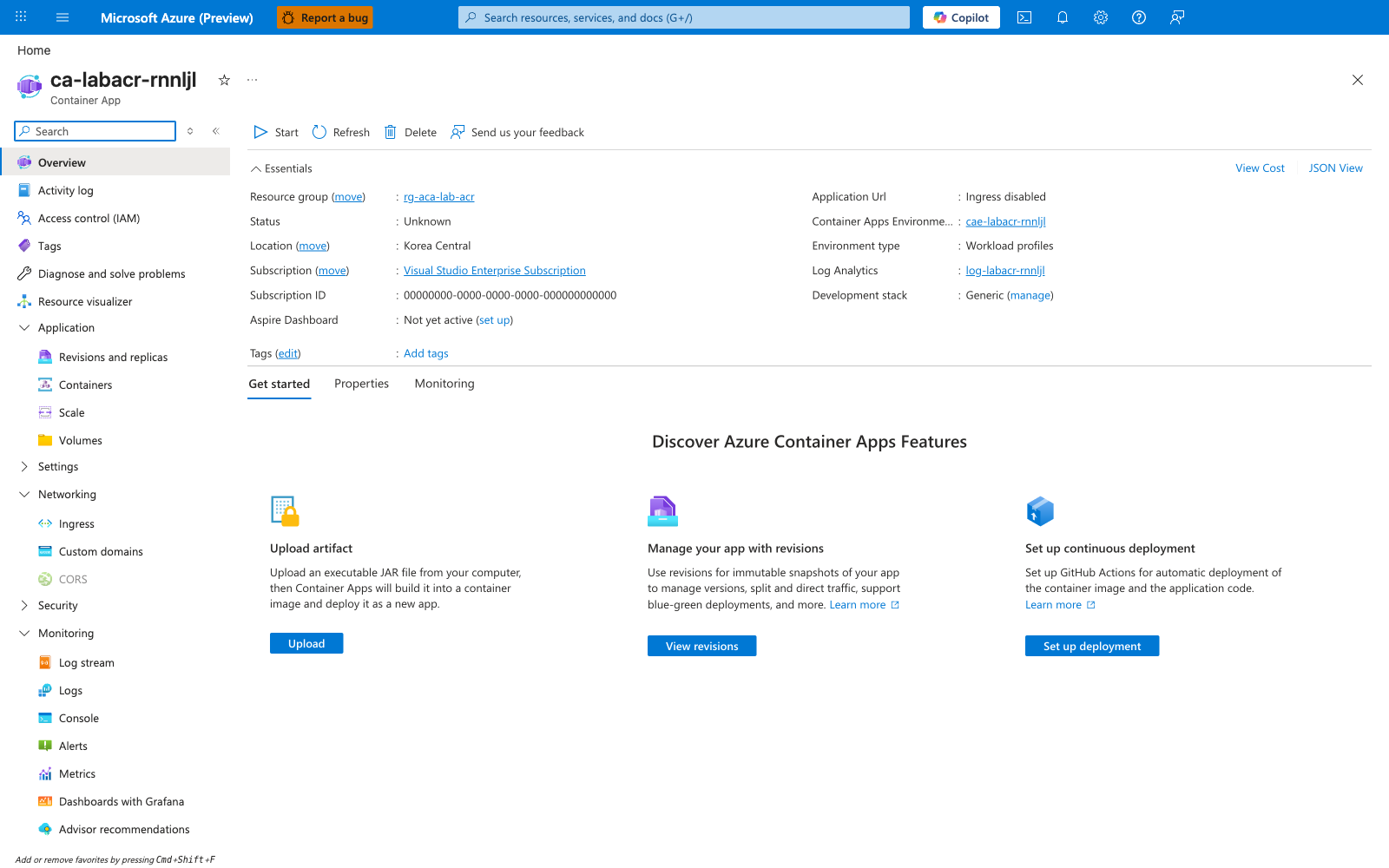Container App Overview showing Status Unknown and no Application URL
